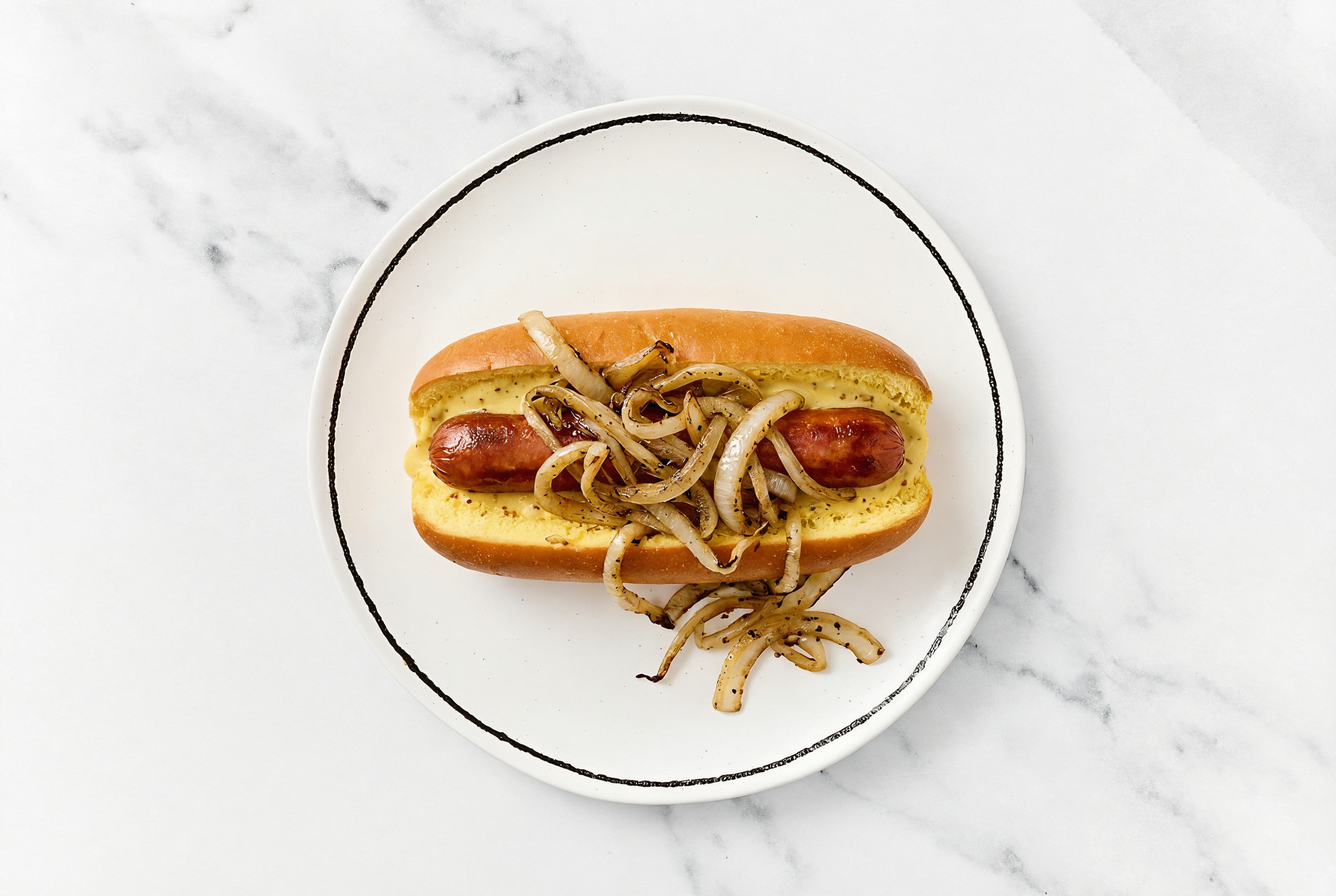 Carmelized Onion Beef Hot Dog with Honey Mustard on Brioche