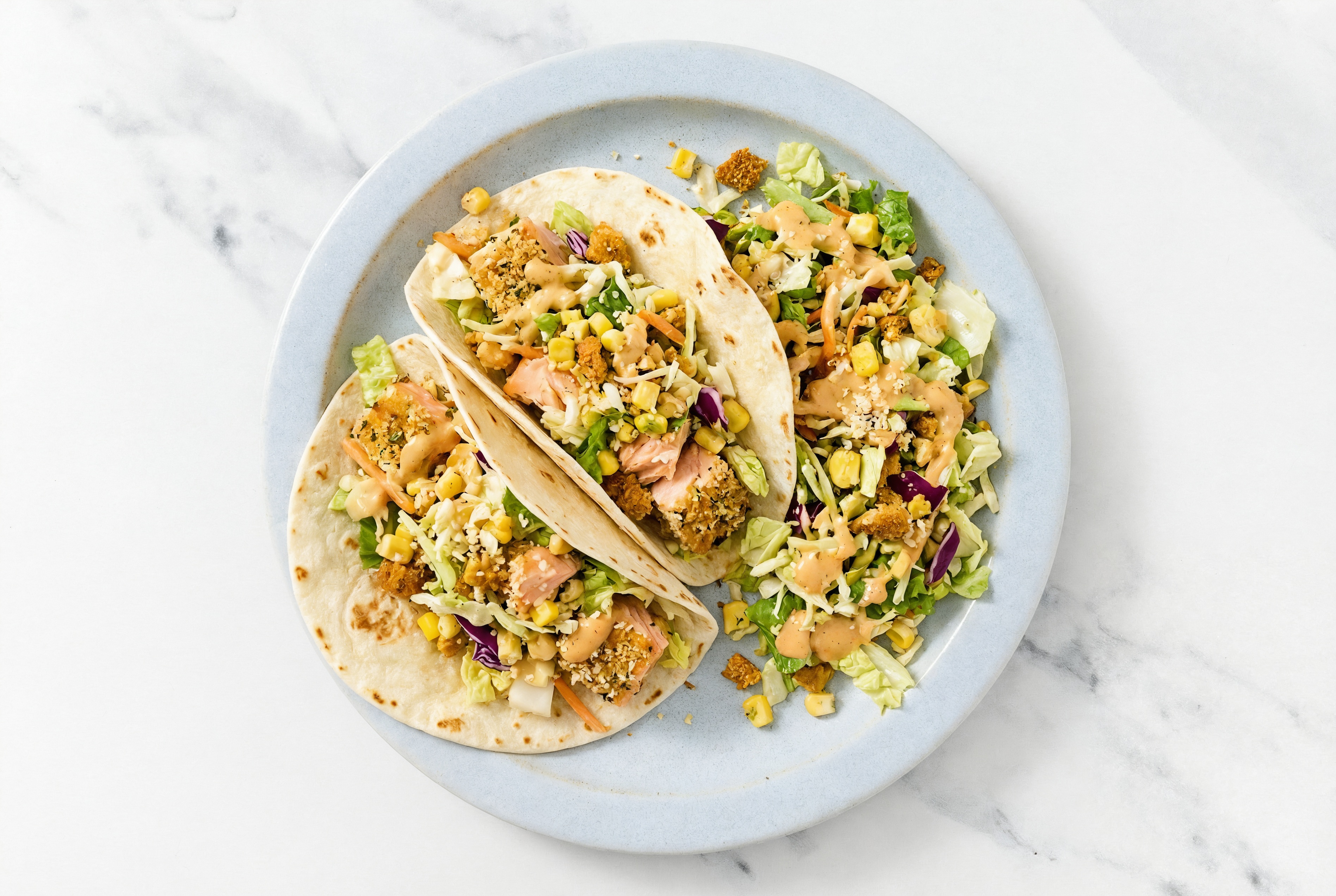 Crispy Salmon Tacos with Street Corn Salad