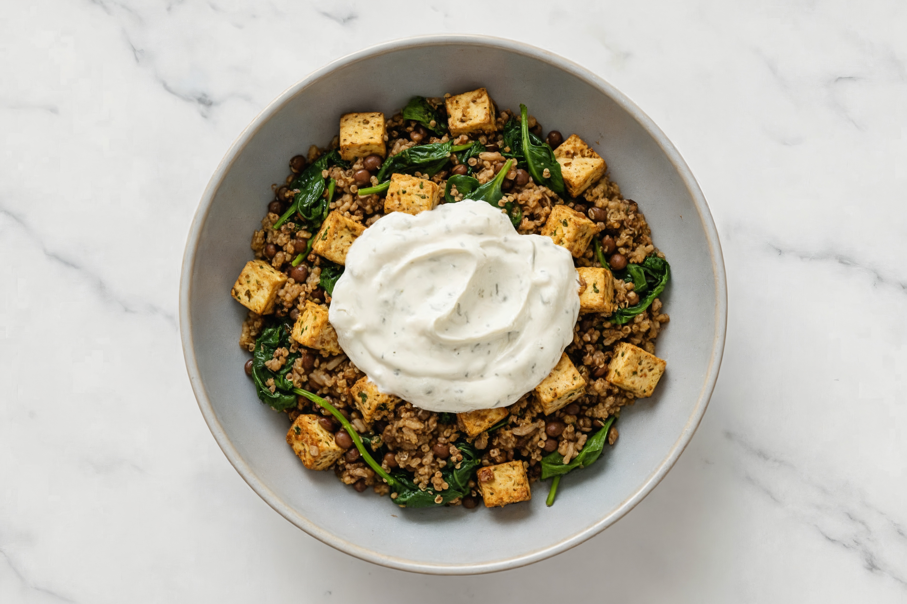 Tzatziki Tofu Bites with Spinach & Lentil-Quinoa Bowl