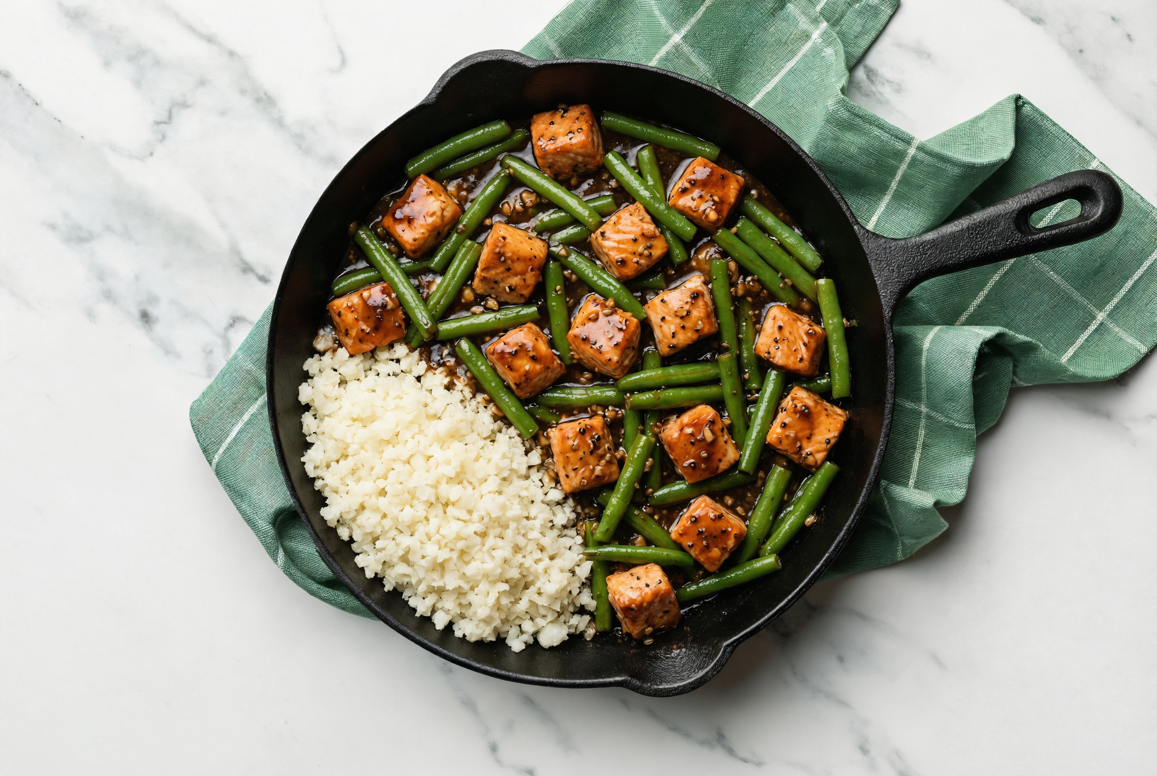 Tangy Pepper Sockeye Salmon Stir-Fry with Green Beans over Riced Cauliflower
