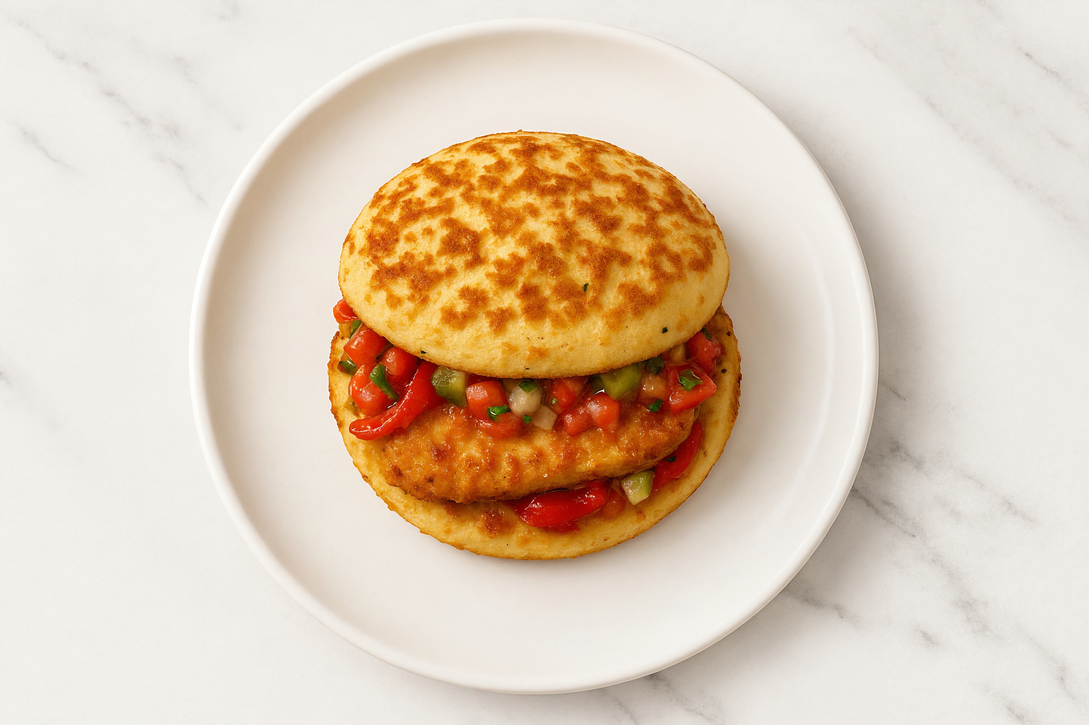 Mexican "Chicken" Tenders Sandwich with Roasted Peppers on Cauliflower Rounds