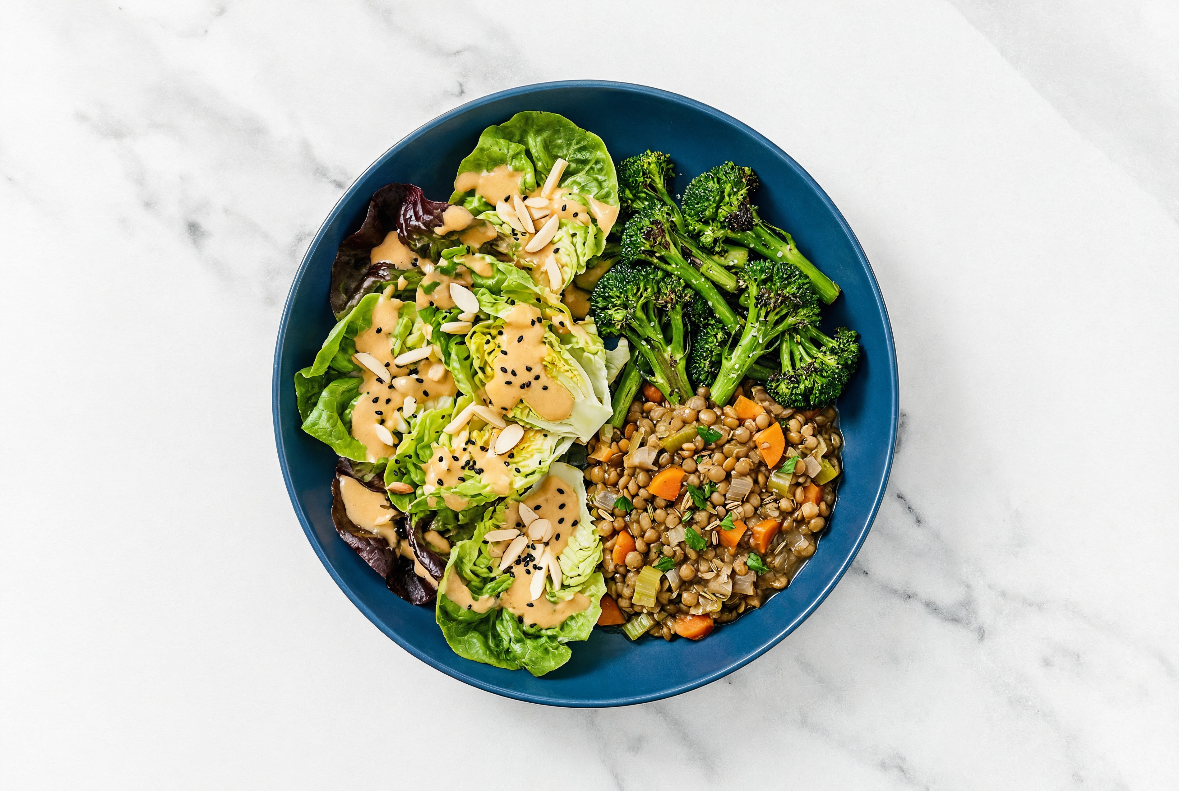 French Mirepoix Lentils with Baby Broccoli + Little Gem Salad