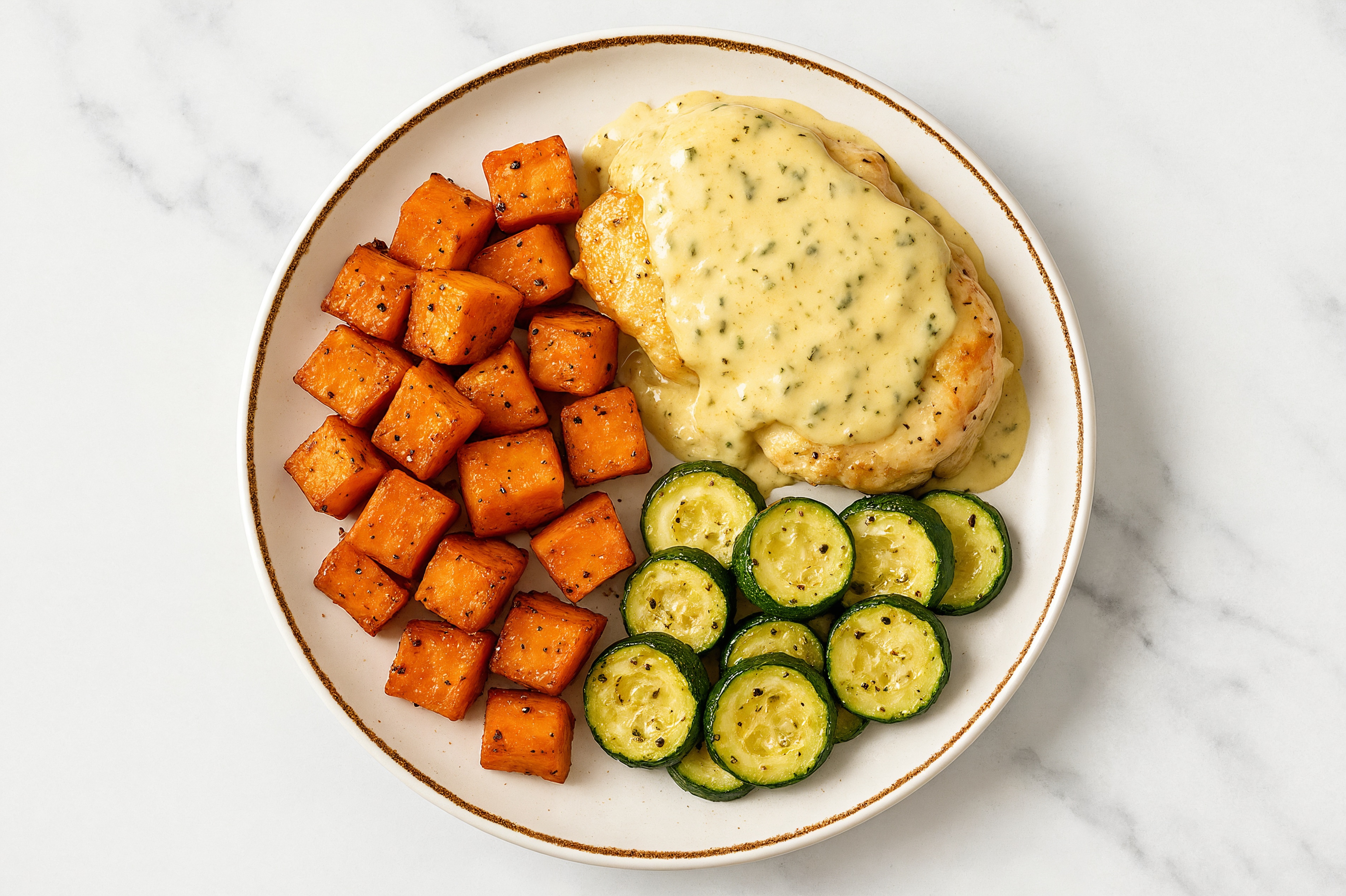 Caesar Chicken Thighs with Sweet Potatoes & Zucchini