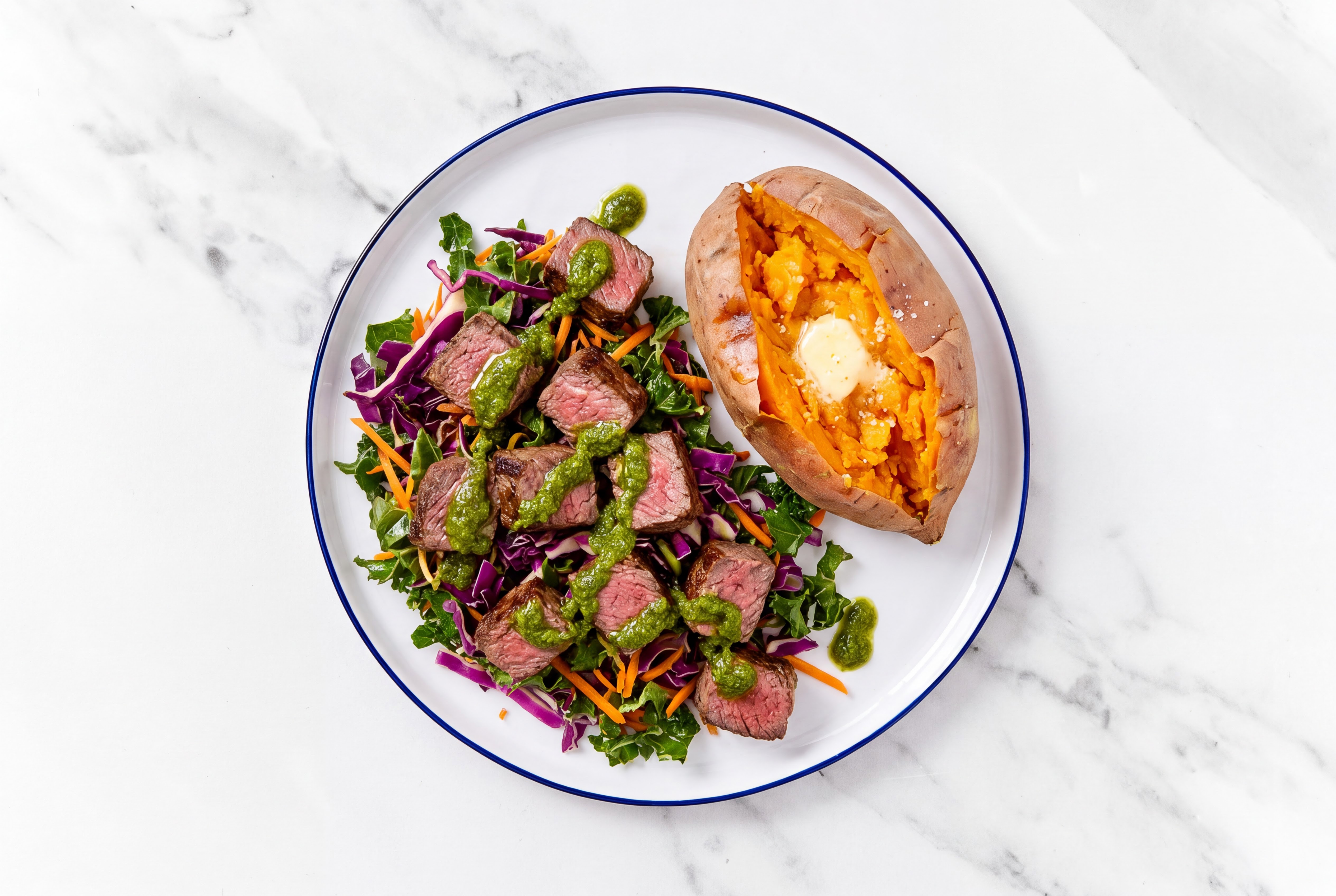 Juicy Zhoug Sirloin with a Sweet Potato