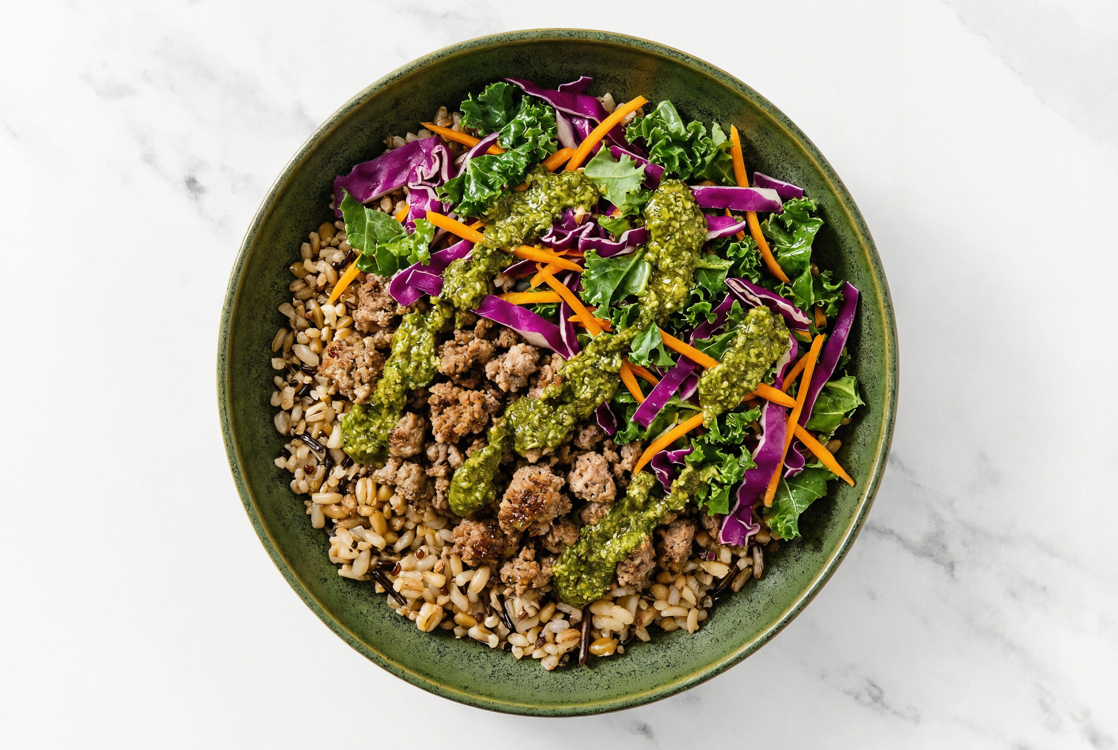 Ground Lamb & Rainbow Veggie Grain Bowl with Basil Pesto