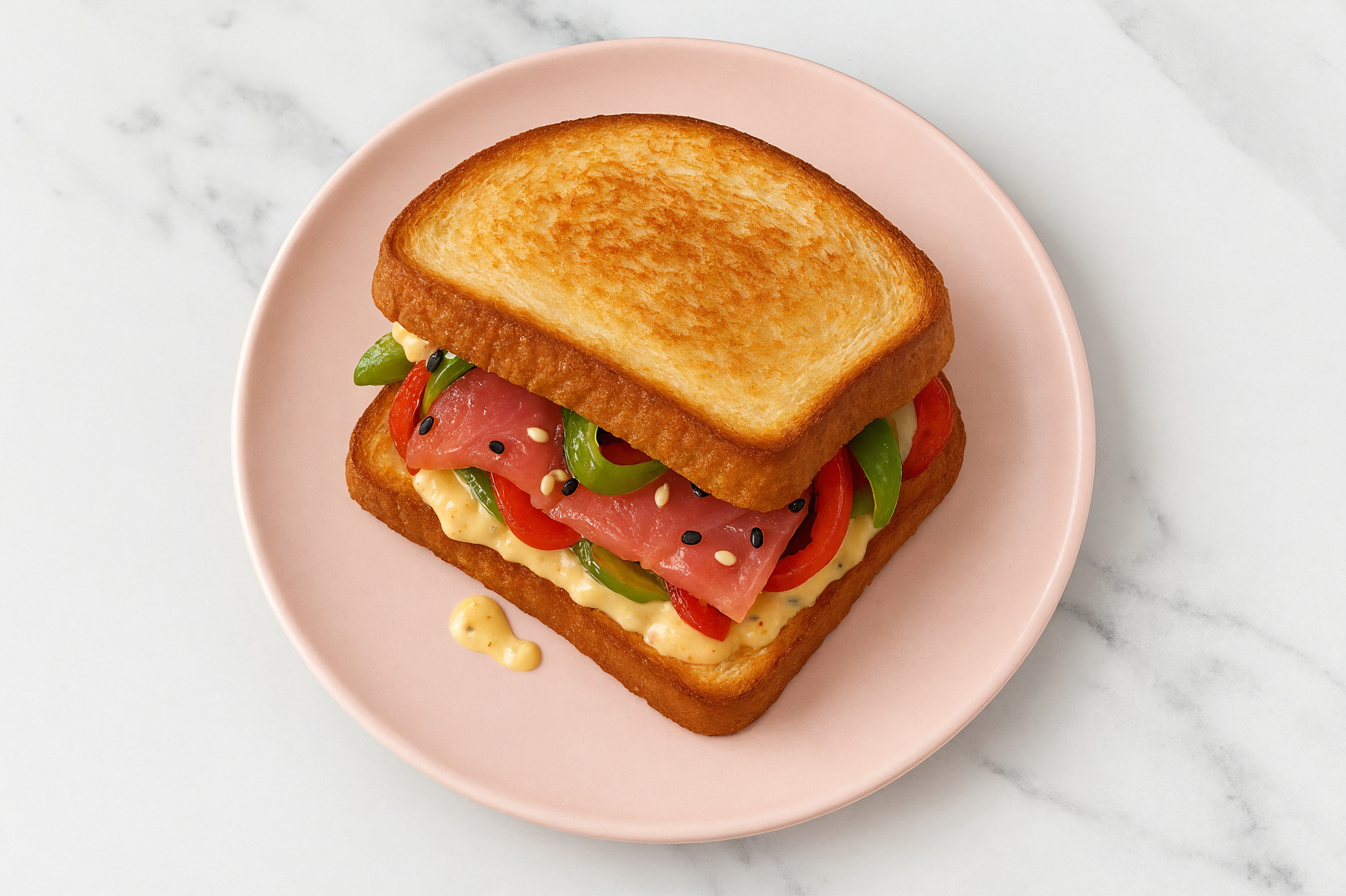 Street Corn Smoked Tuna Sandwich with Peppers + Onion on Honey White Bread