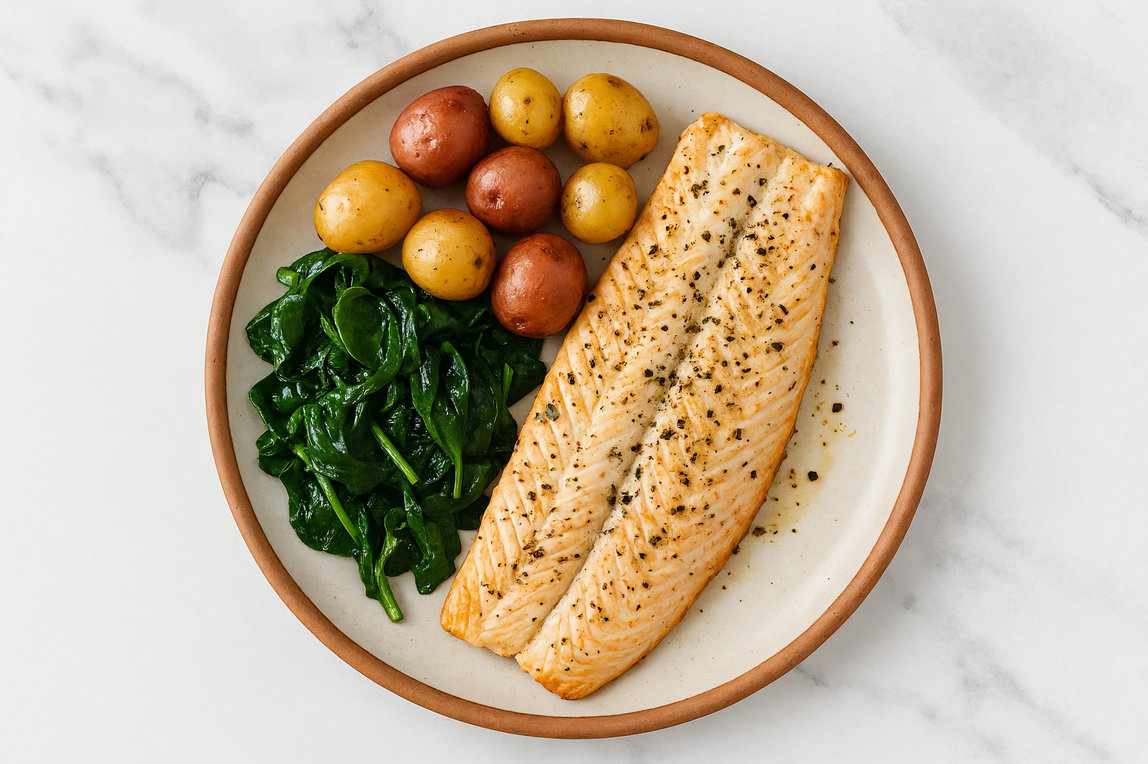 Caper-Slow Churned Lemon & Peppercorn Pasture Butter Trout with Creamer Potatoes & Spinach