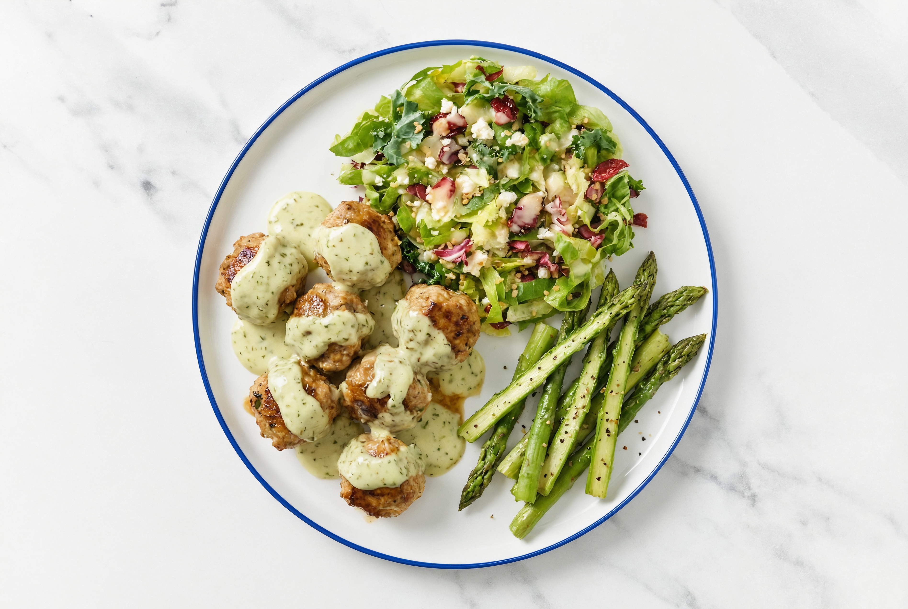 Jalapeño Baked Turkey Meatballs & Asparagus with Honey Citrus Salad