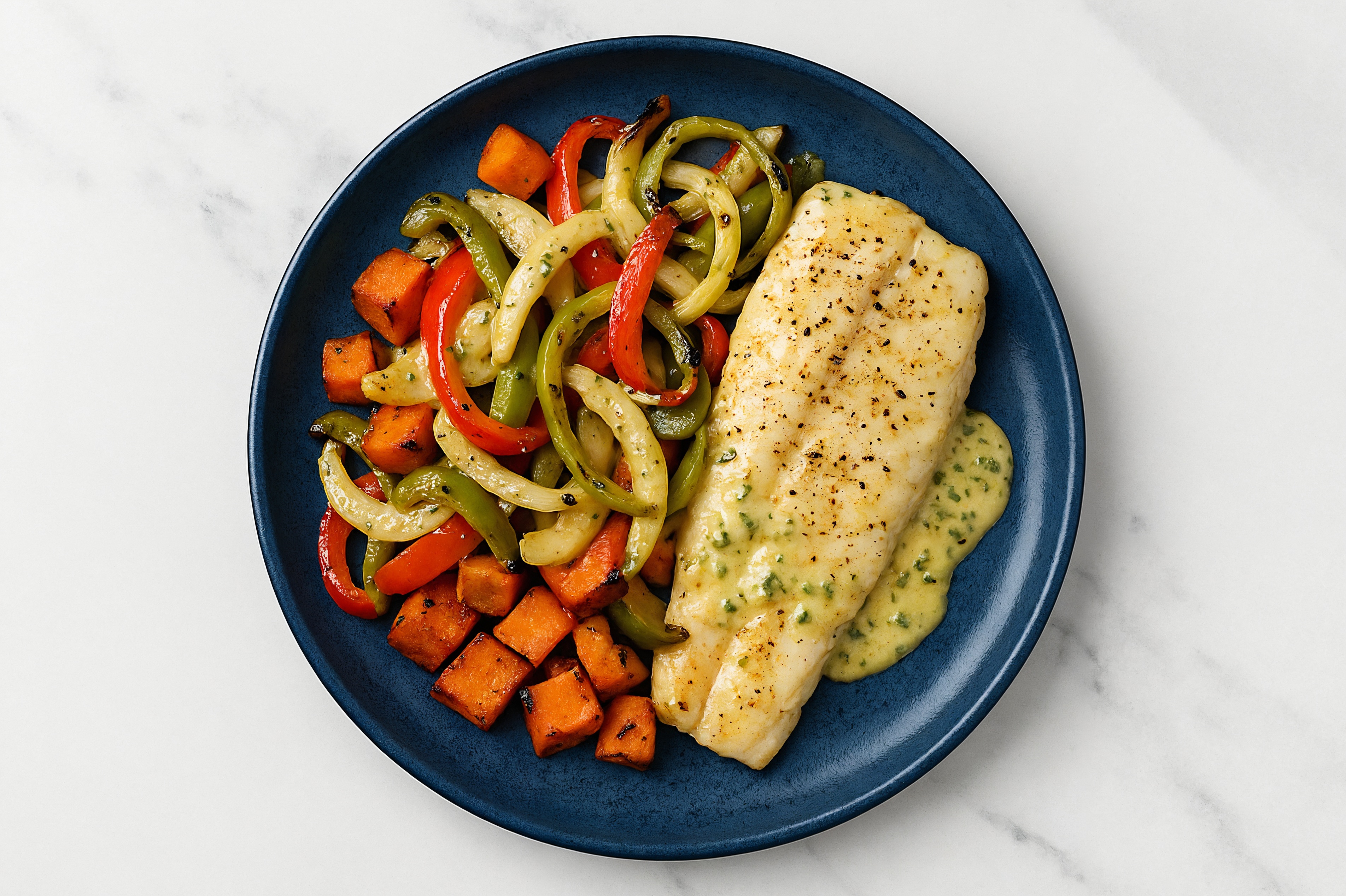 Sheet Pan Tahini-Cod with Sweet Potatoes & Peppers