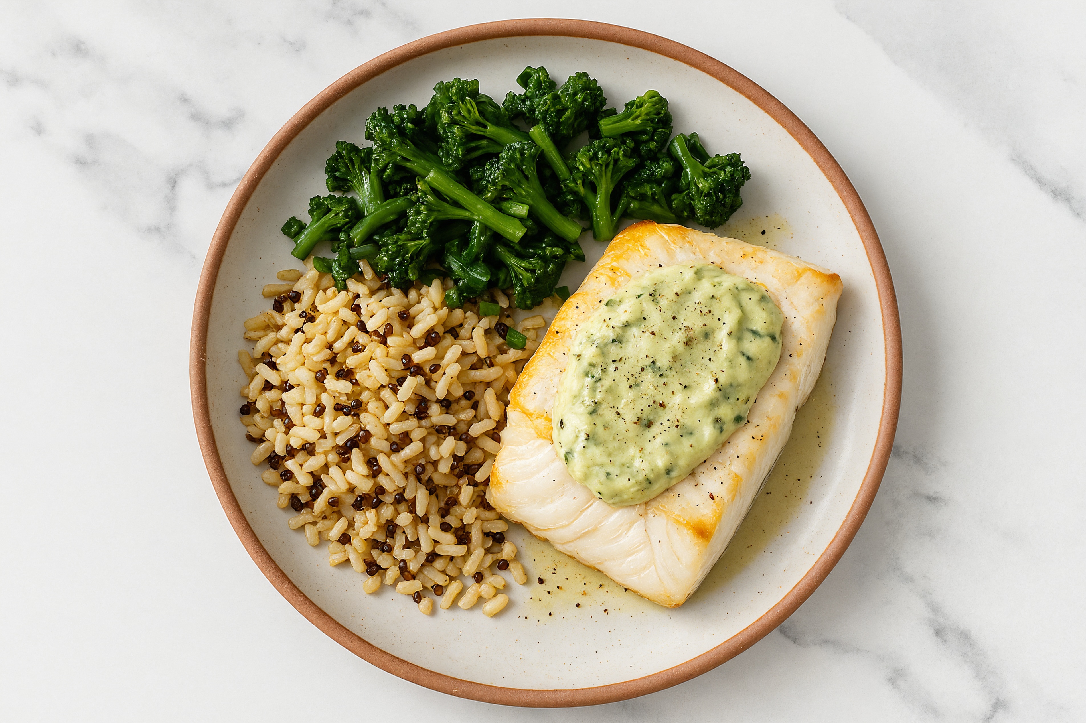 Roasted Spinach Artichoke Halibut with Sweet Baby Broccoli