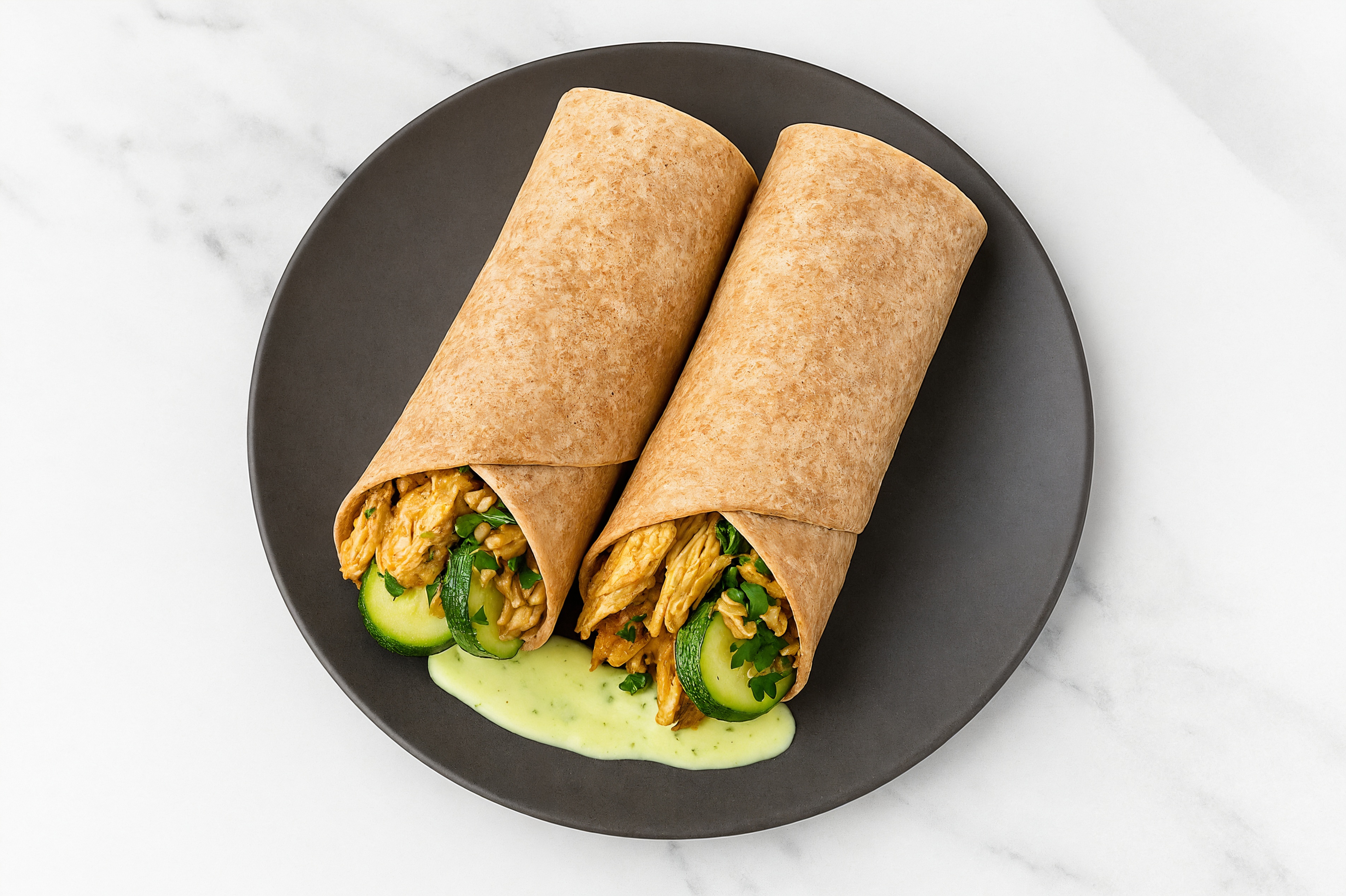 Big Mediterranean Wrap with Shawarma, Jalapeño Sauce, Brown Rice + Zucchini