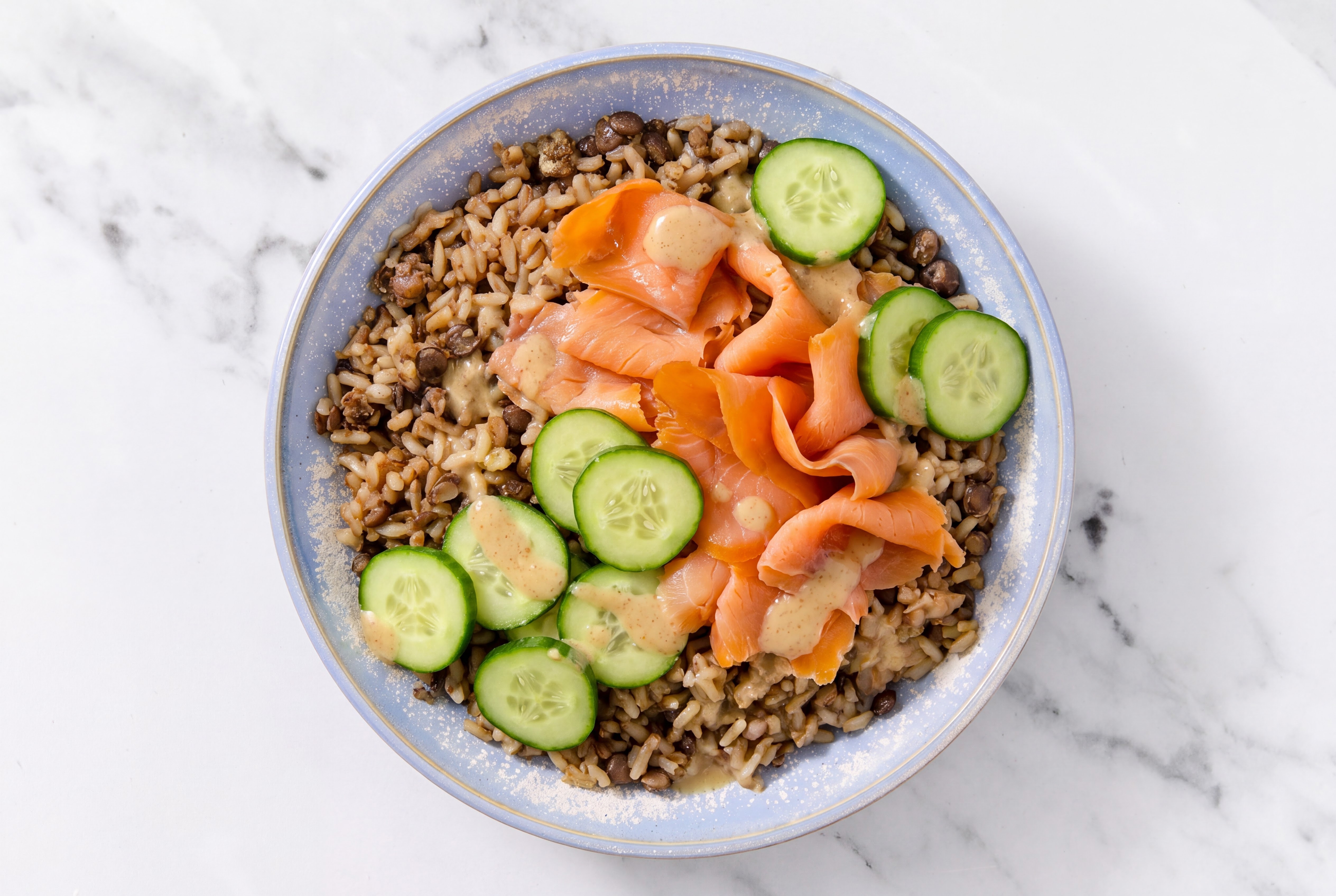 Gingery Ponzu Salmon + Cucumber Lentil Quinoa Rice Mix Bowl