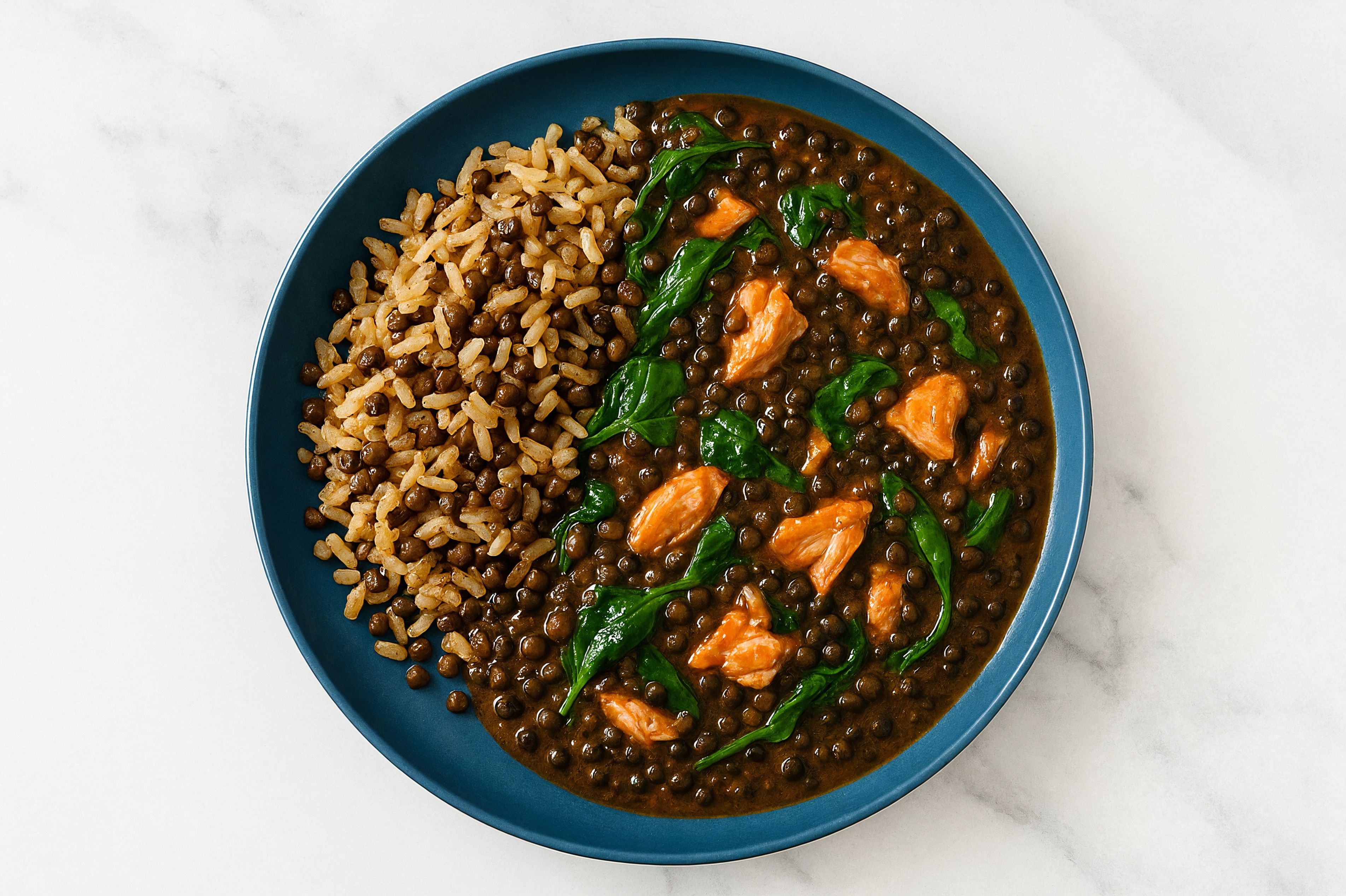 Salmon & Lentil Stew with Spinach & Quinoa Rice