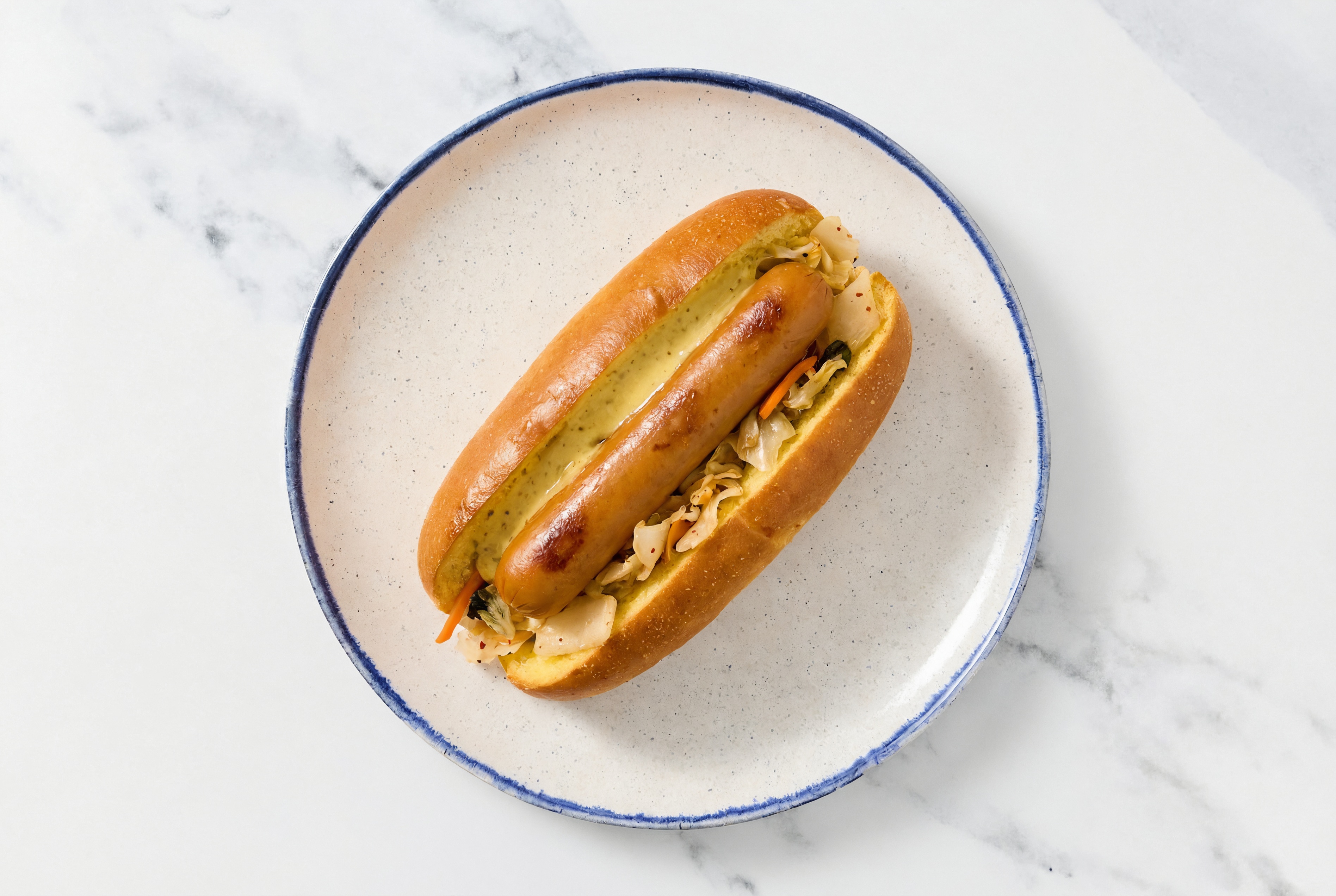 Kimchi Smart Dog with Honey Mustard on Brioche
