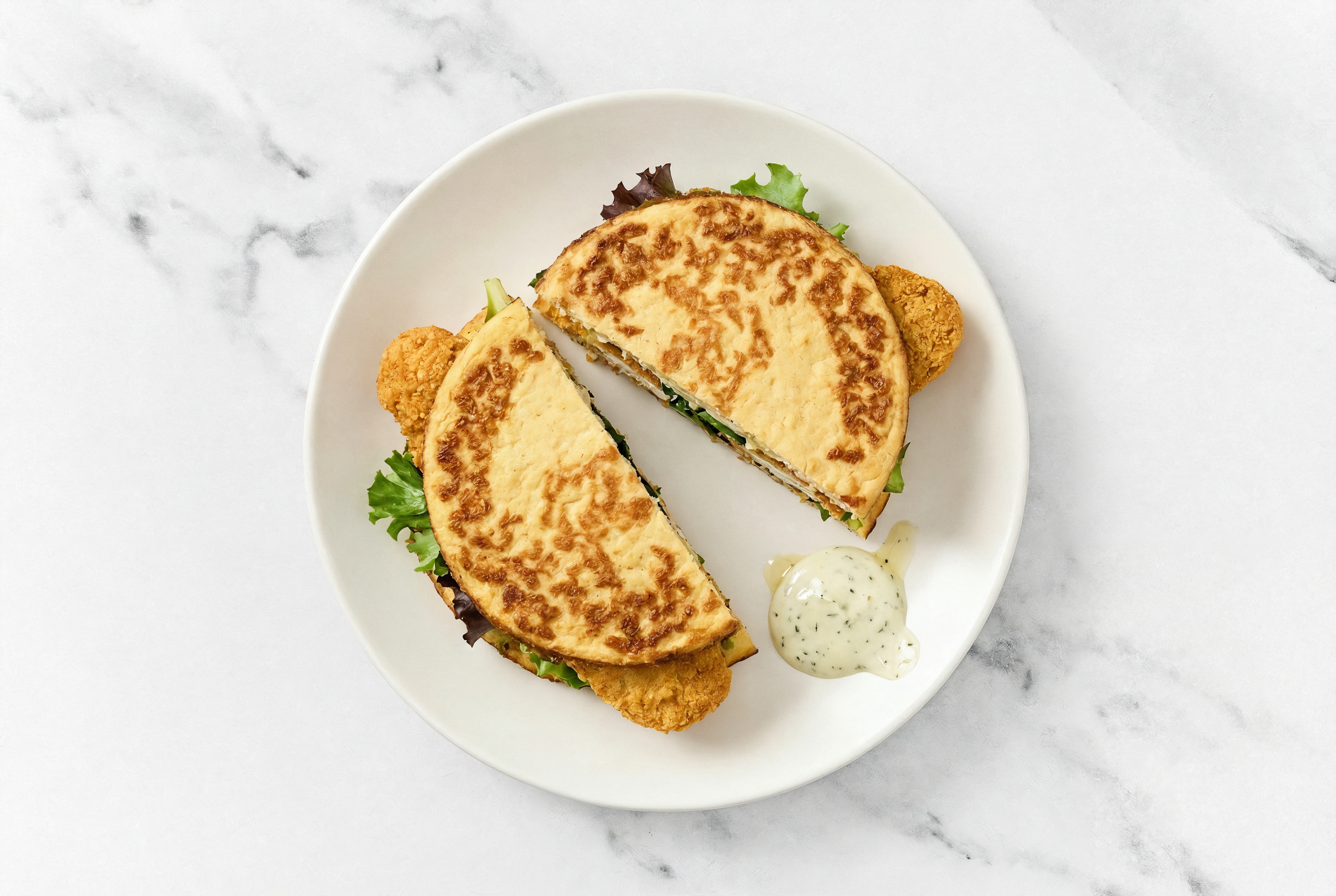 Dill Pickle "Chicken" Tenders Sandwich with Spring Mix on Cauliflower Rounds