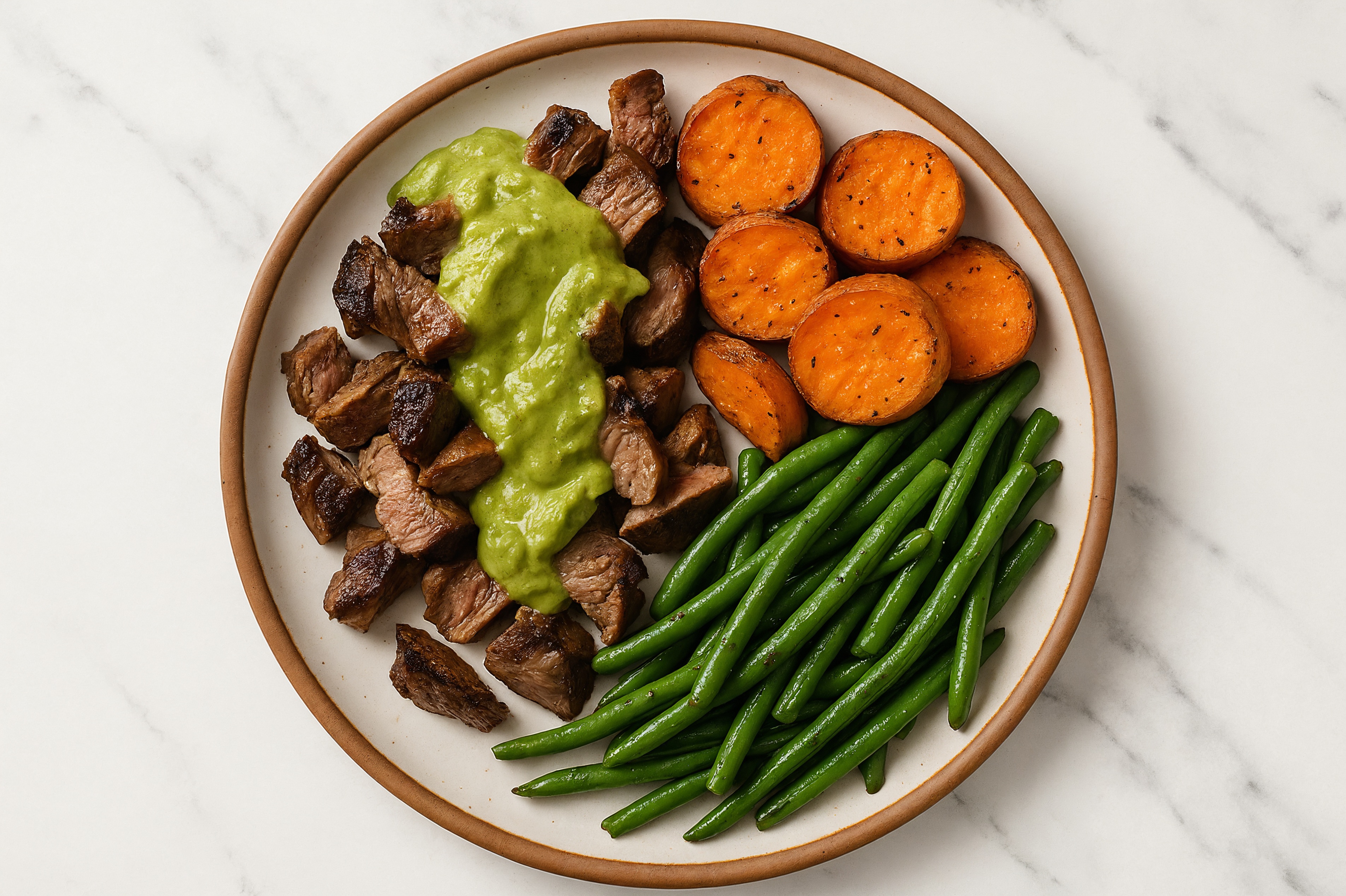 Avocado Sirloin Steak with Sweet Potatoes & Green Beans