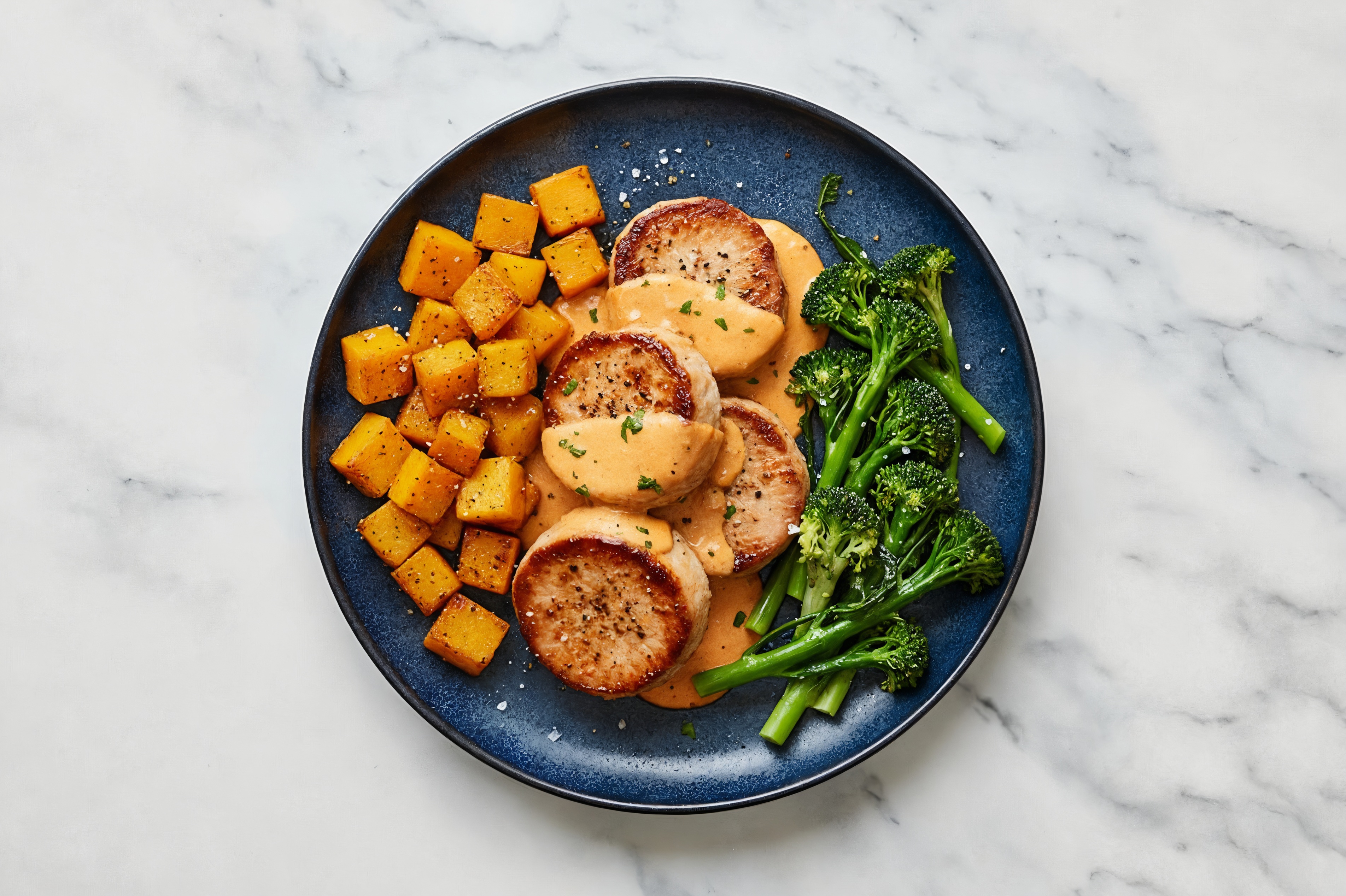 Creamy Vodka Smothered Pork Tenderloin with Baby Broccoli & Roasted Butternut Squash