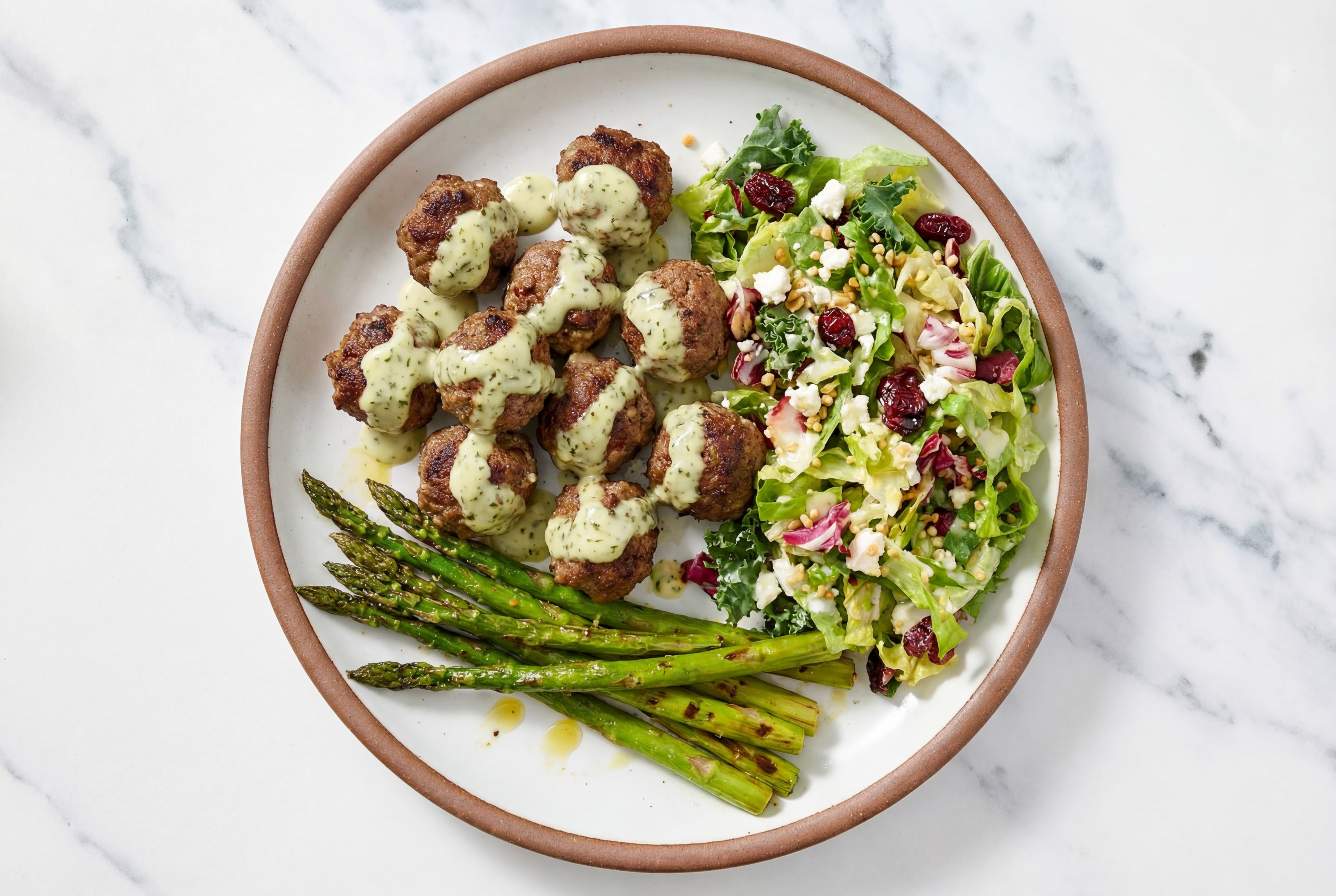Jalapeño Baked Bison Meatballs & Asparagus with Honey Citrus Salad