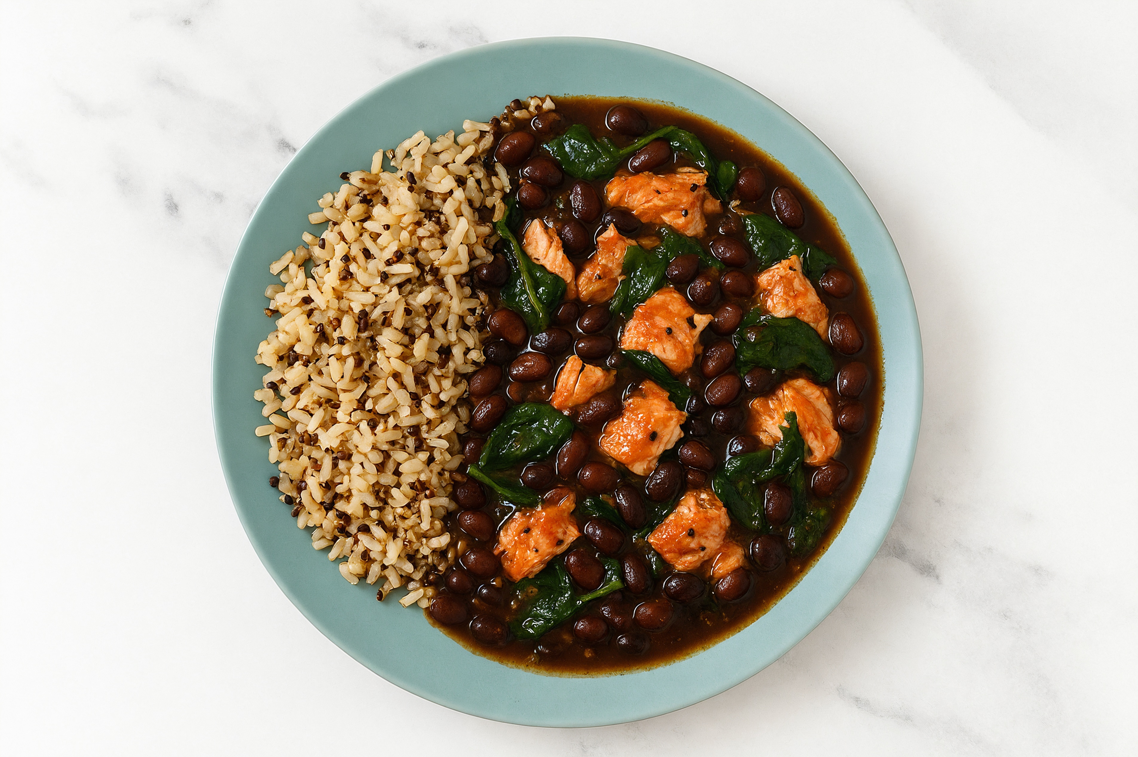 Salmon & Black Bean Stew with Spinach & Brown Rice