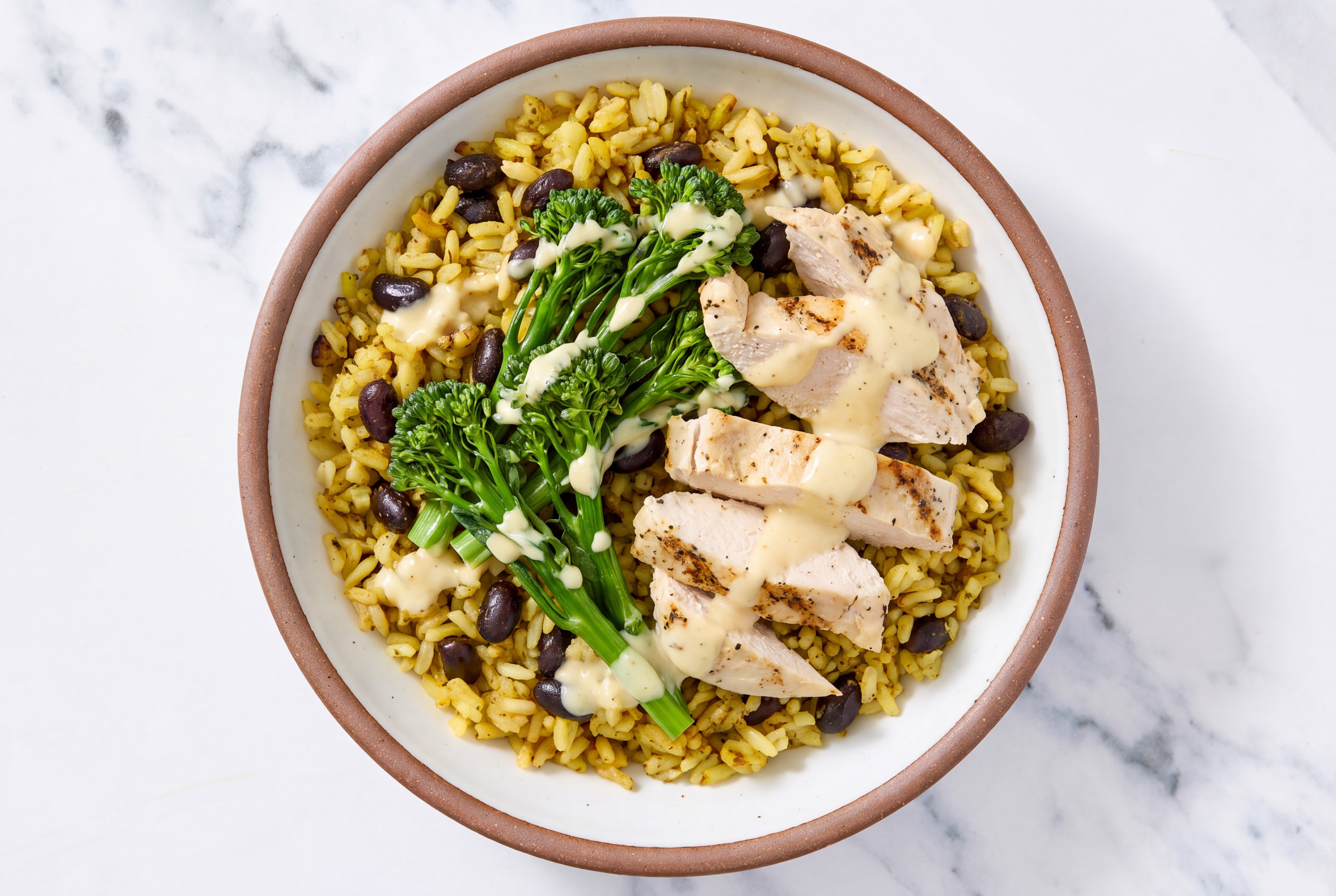 Creamy Miso Caesar Chicken + Broccoli Rice with Beans Bowl