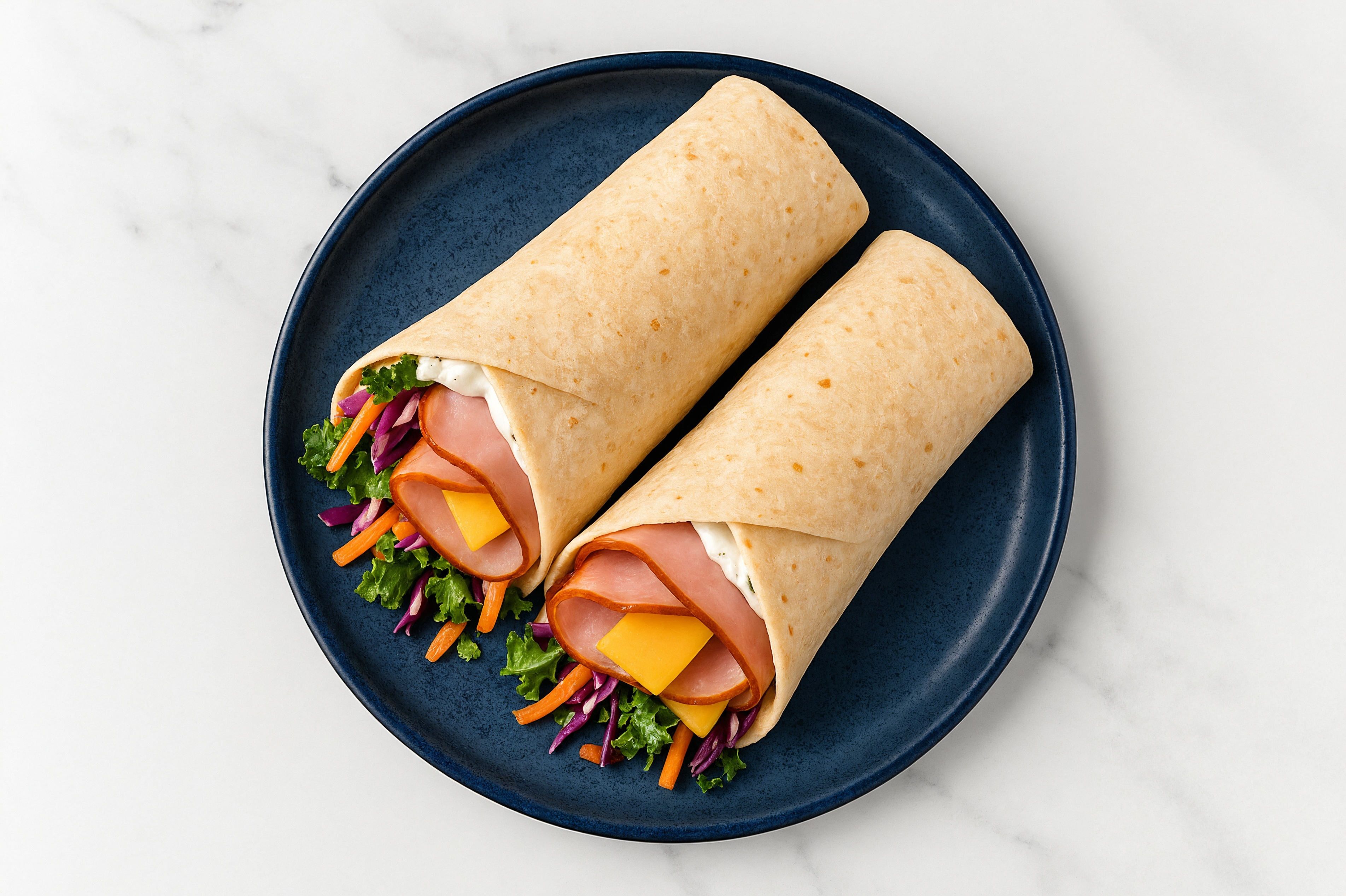 Creamy Honey Ham + Cheddar Tortilla Wraps with Rainbow Veggies