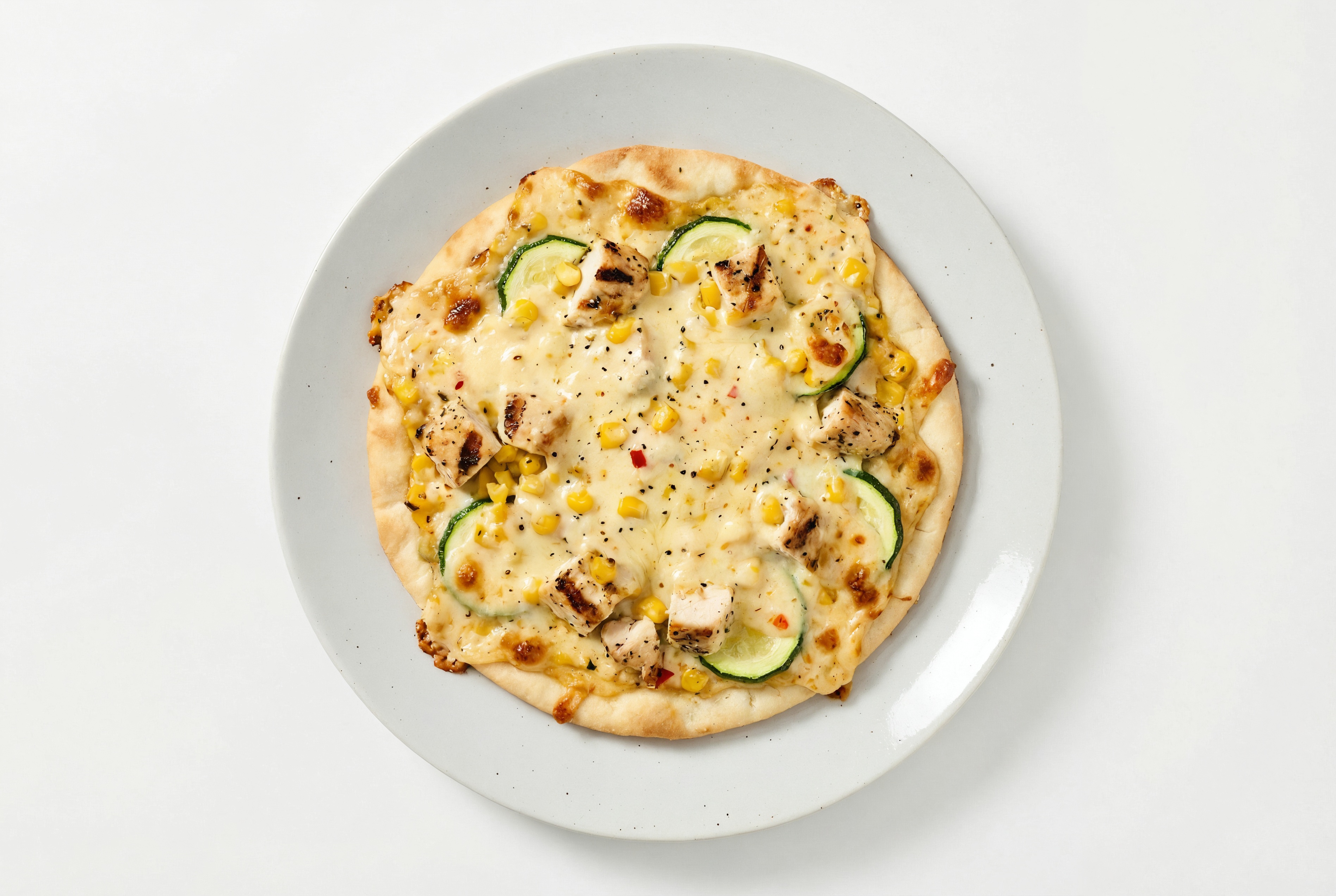 Zucchini + Grilled Seasoned Chicken Breast Pizza with Mexican Street Corn on Gluten Free Pizza