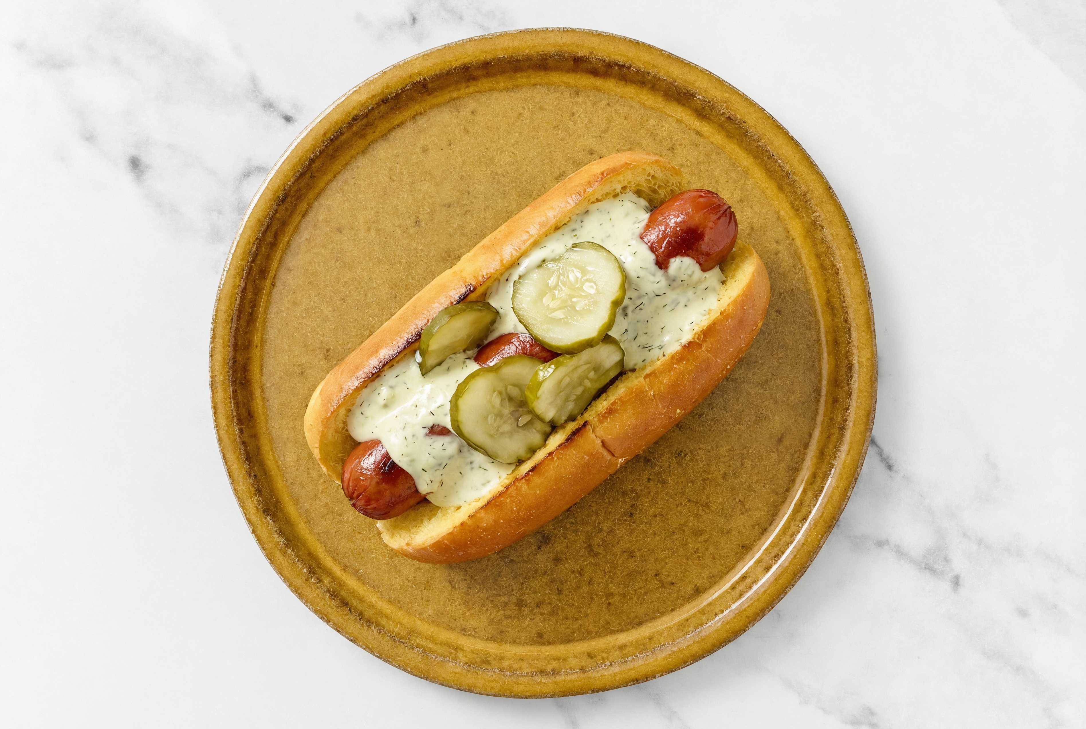 Pickle Beef Hot Dog with Garlic Sauce on Brioche