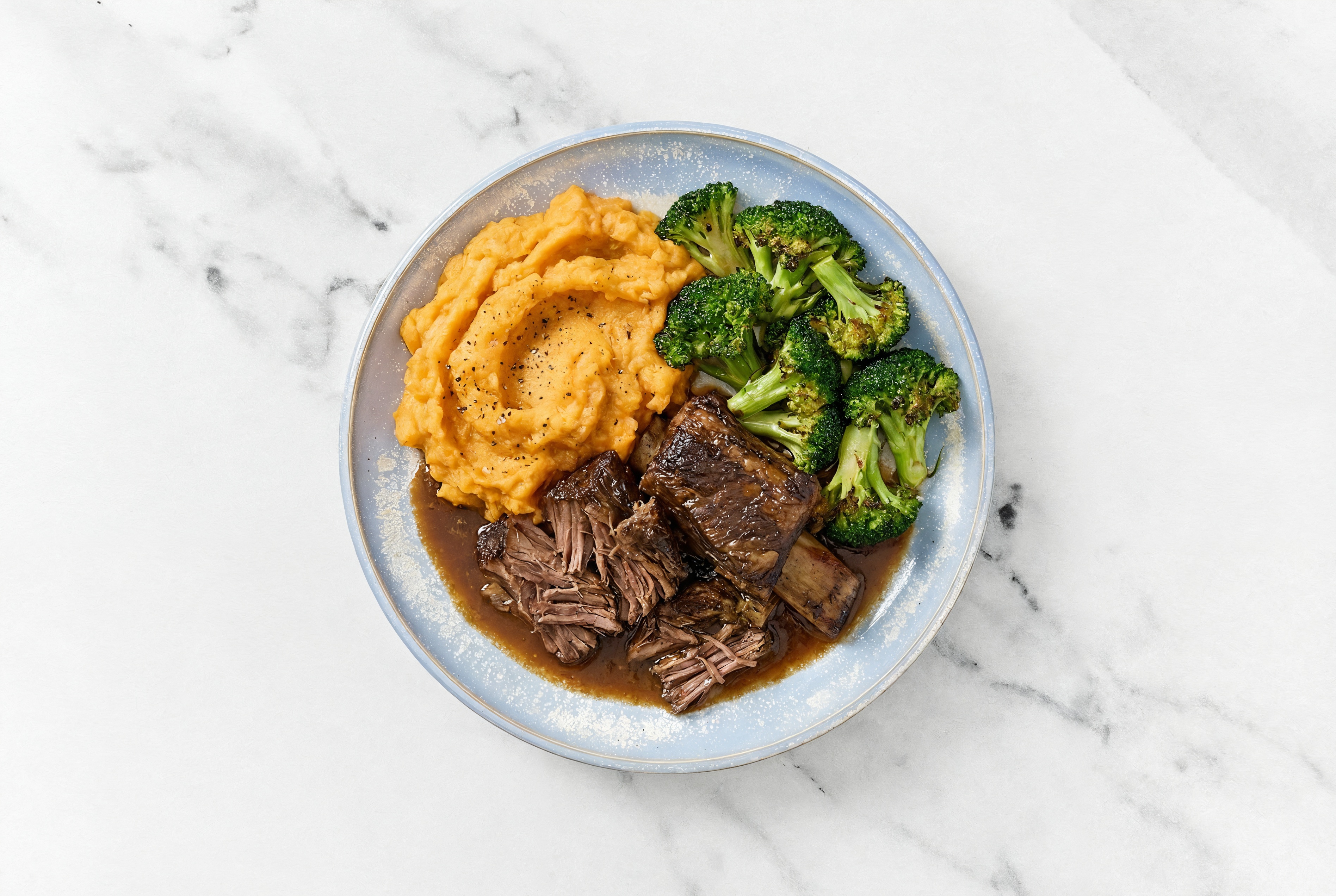 Beef Short Ribs with Mashed Sweet Potatoes + Broccoli Bunches