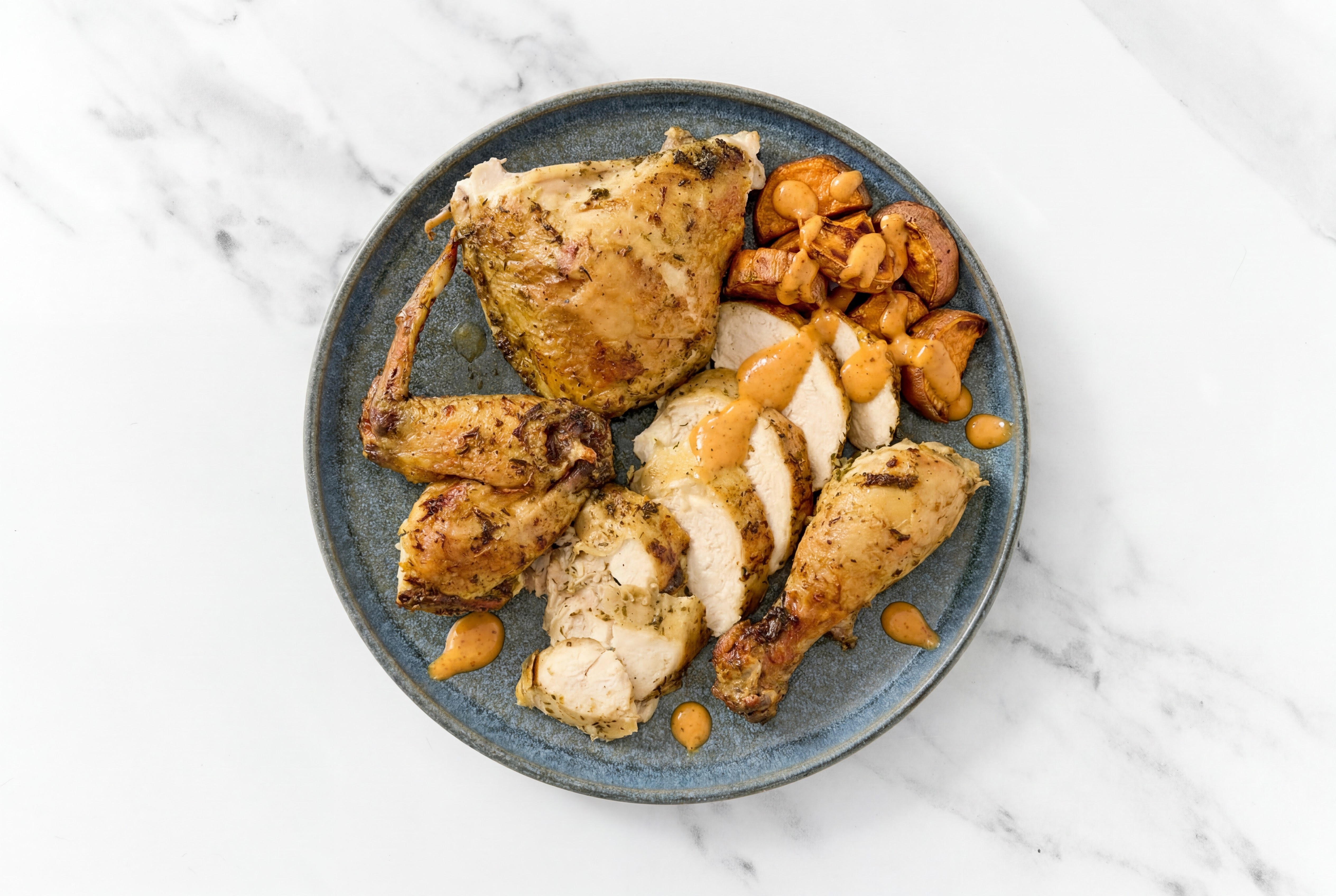 Garlic Herb Chicken + Roasted Sweet Potatoes with BBQ Sauce