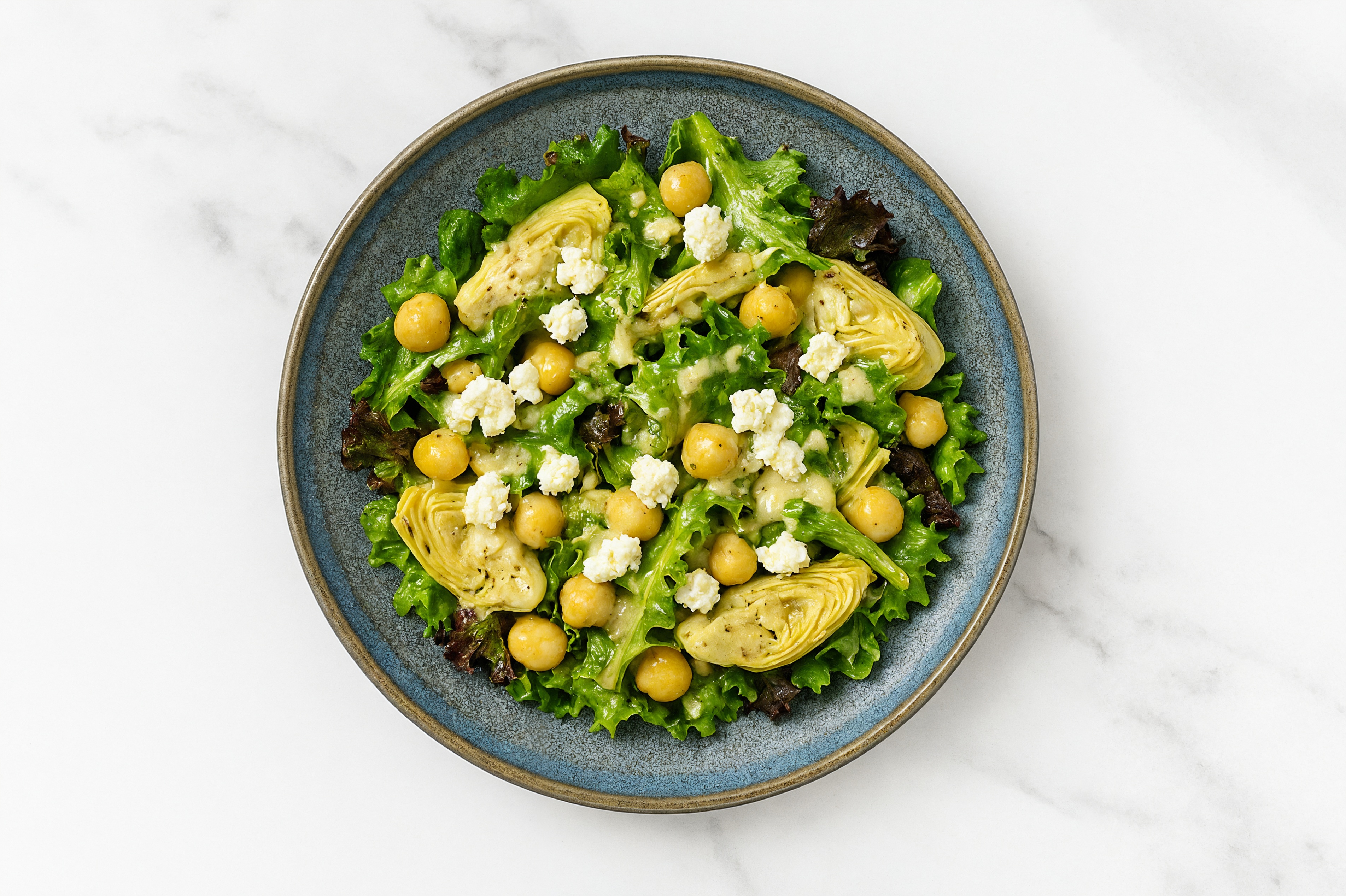  Mediterranean Salad with Artichoke Hearts, Sheep Cheese + Garbanzo Beans