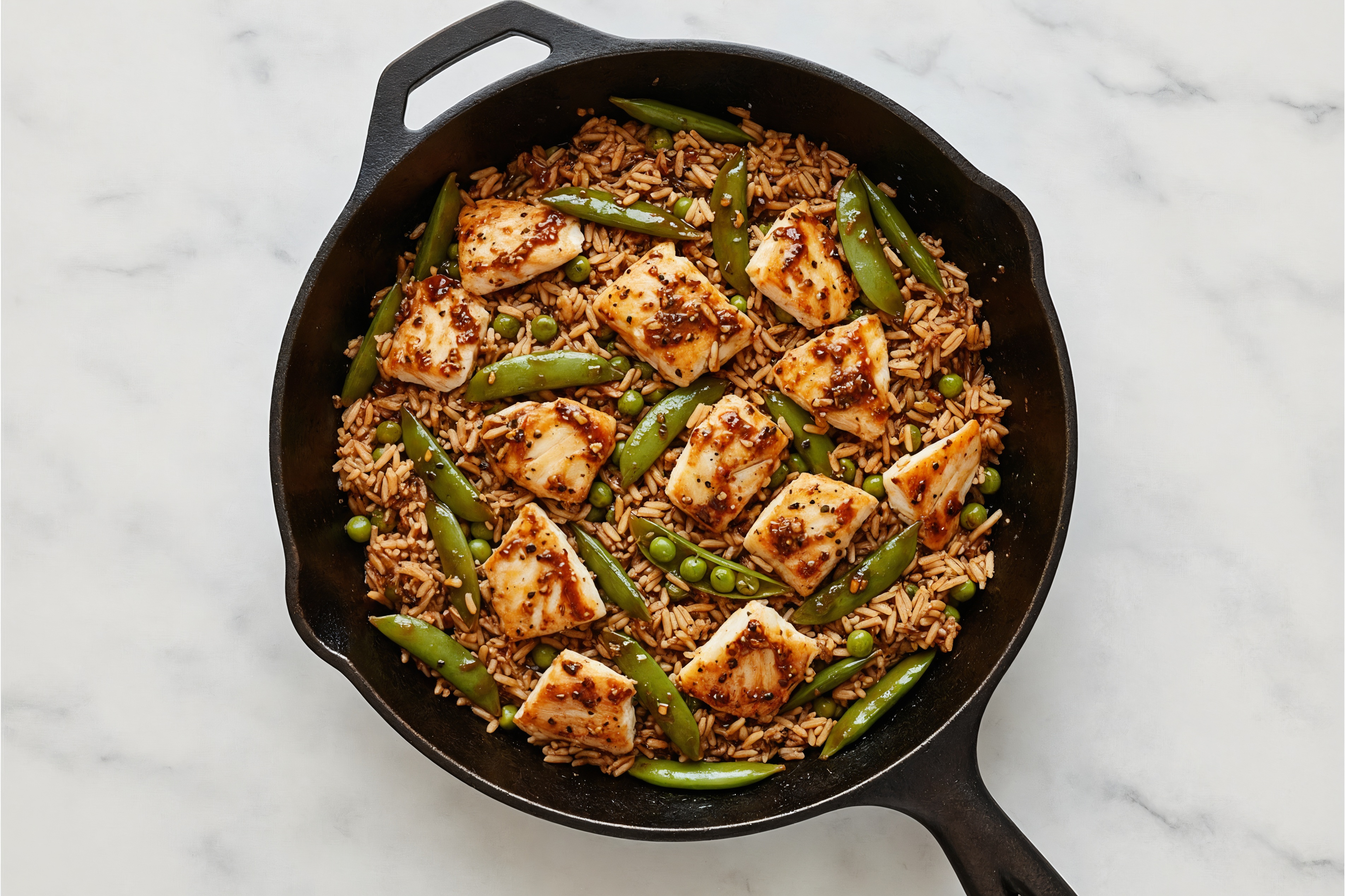 Sweet + Sour Pea Snap + Wild Halibut Stir-Fry with Long Grain White Rice