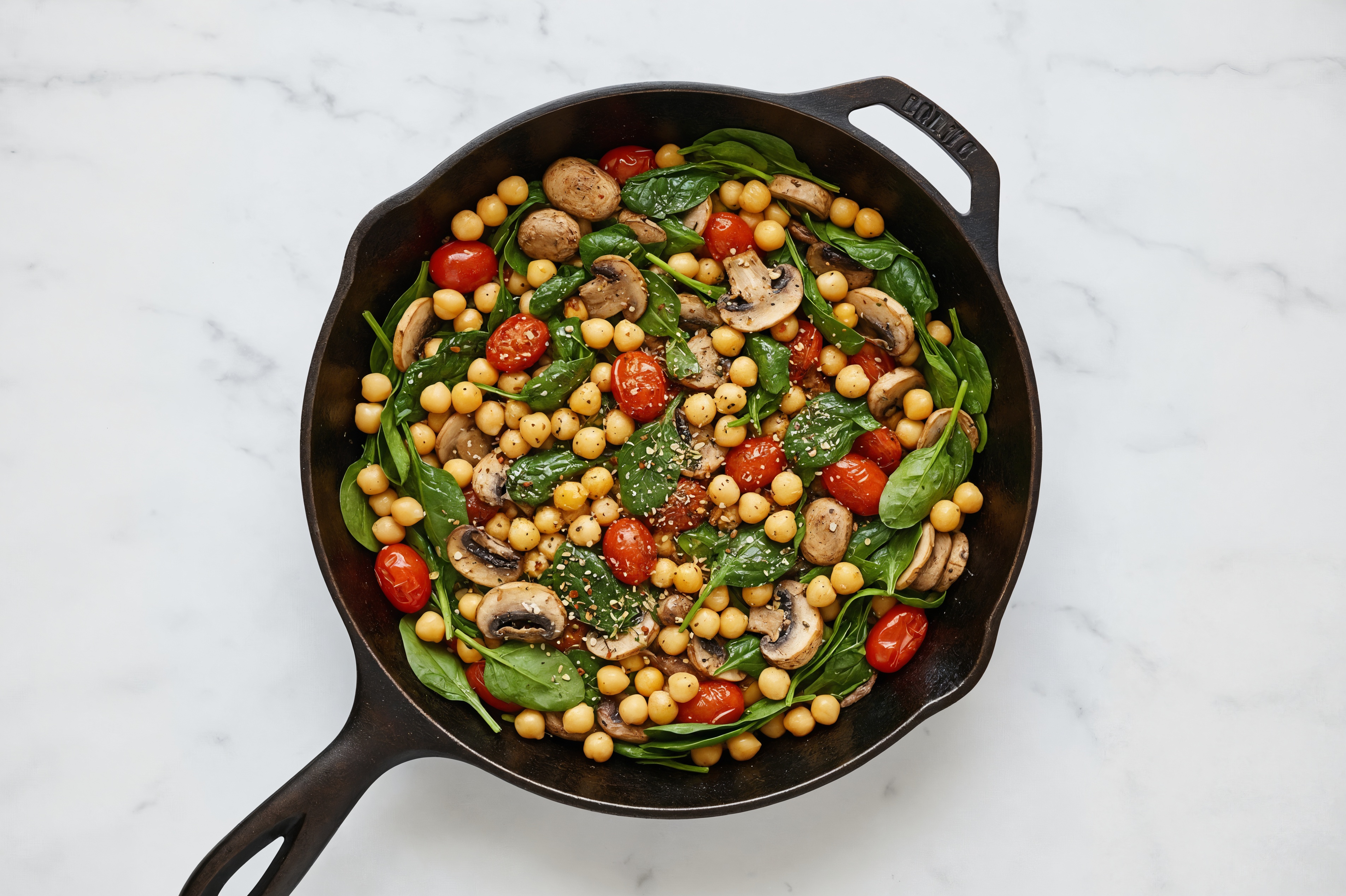 Chickpeas with Spinach, Mushrooms, Tomatoes + Garlic Herb Seasoning