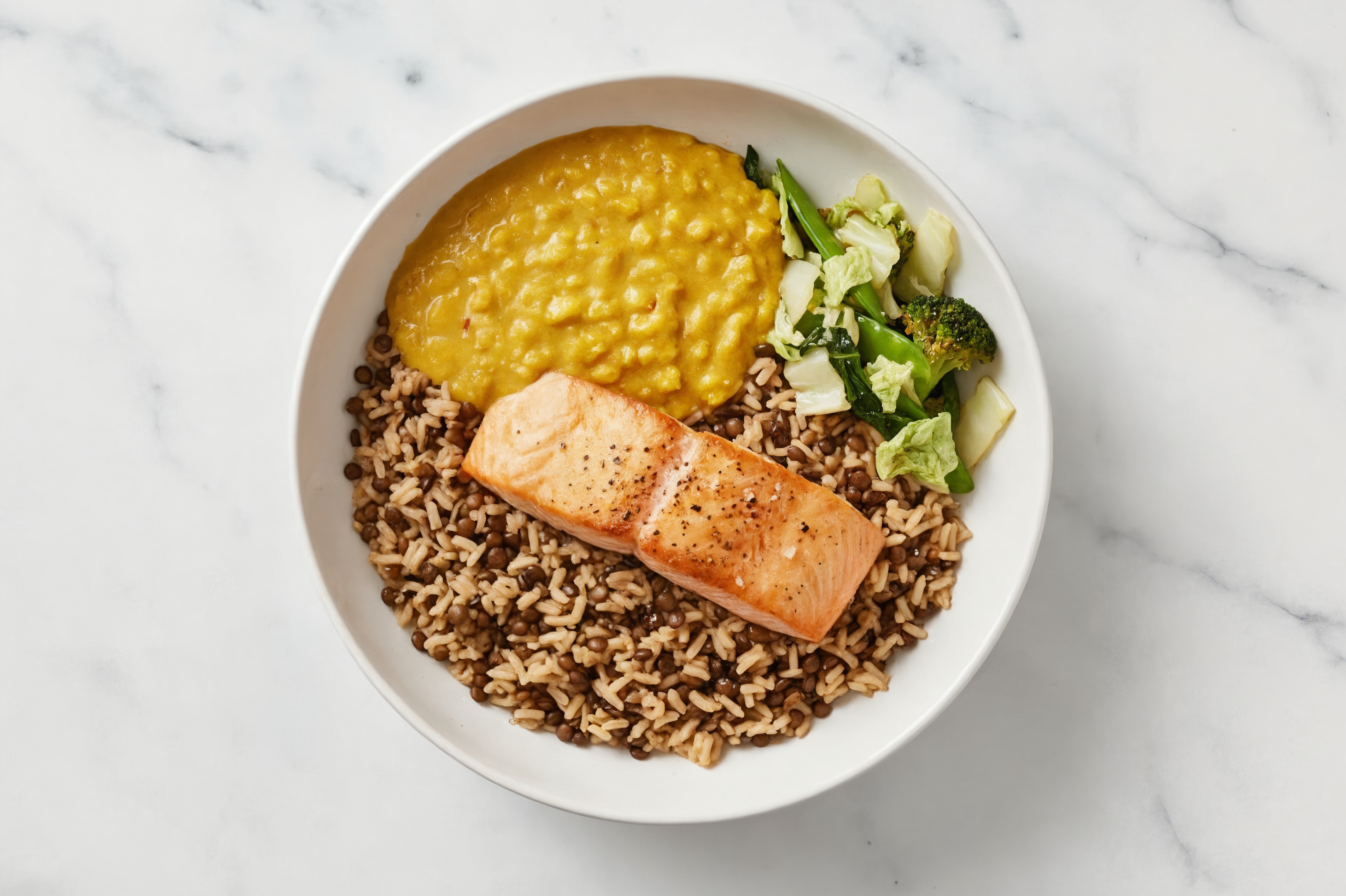 Seared Salmon + Bok Choy Red Lentil Quinoa Rice Mix Bowl