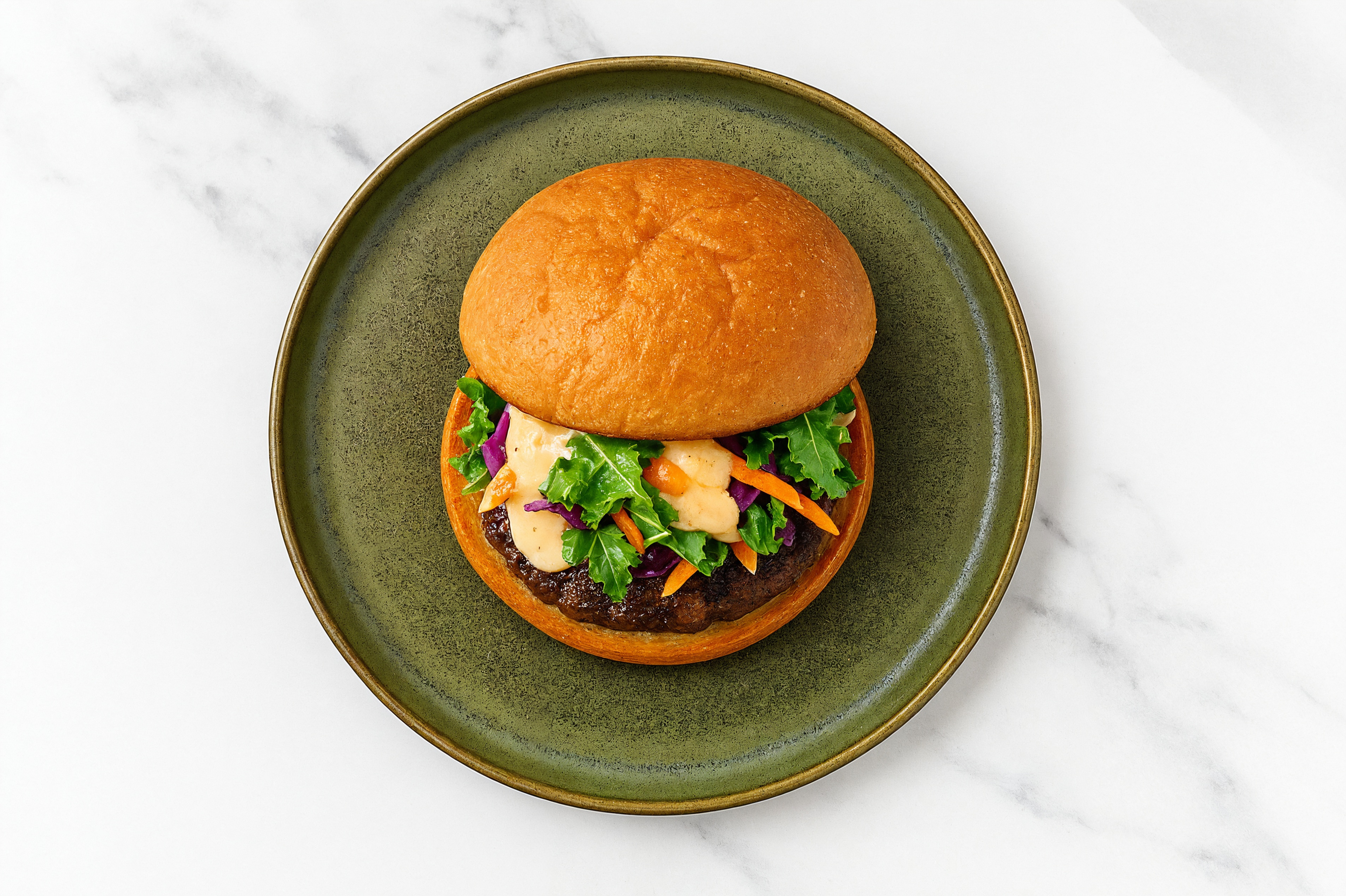 Rainbow Veggie Wagyu Beef Burger on GF Bun with Buffalo Ranch