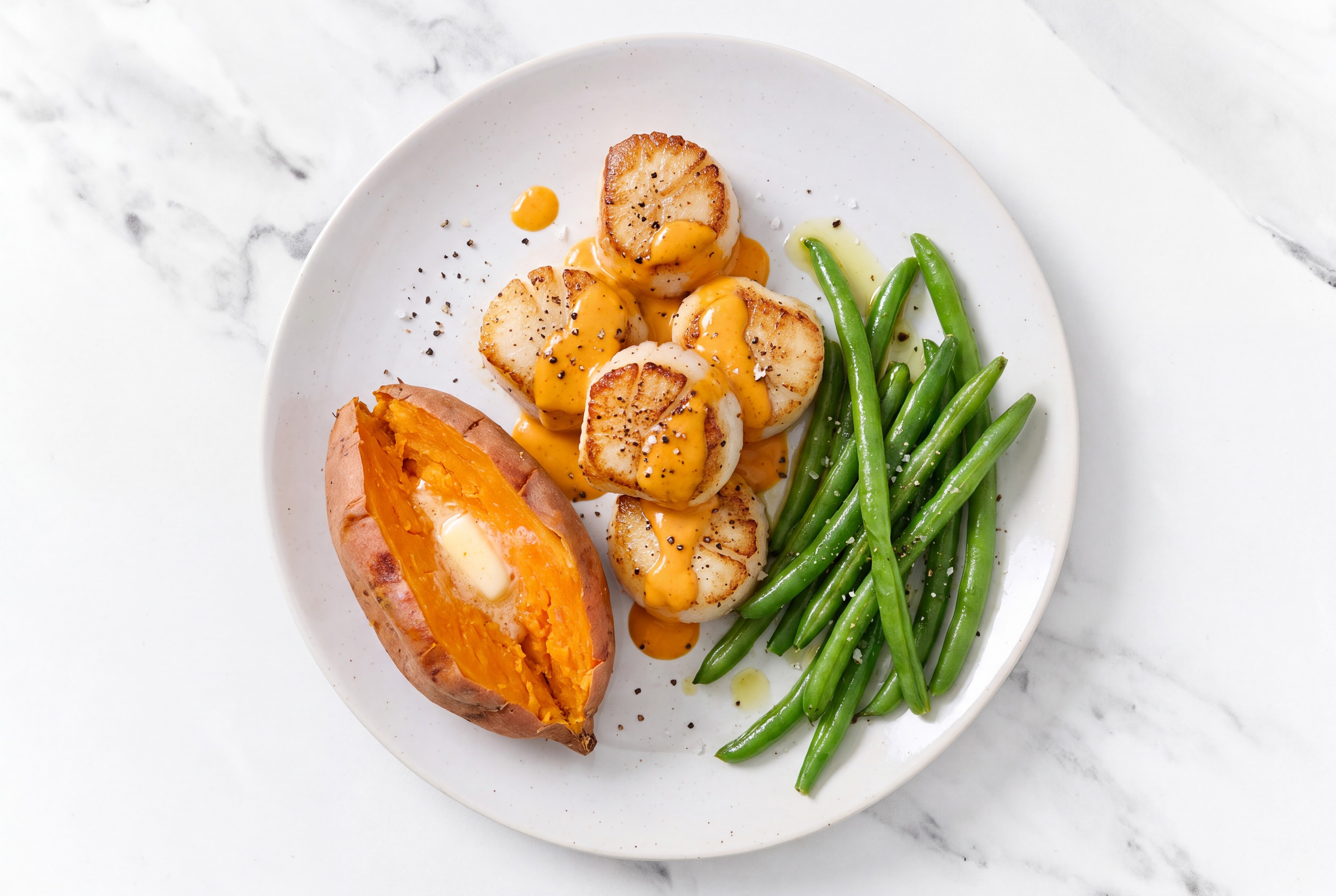 Super Special Jumbo Scallops with Sweet Potato & Green Beans