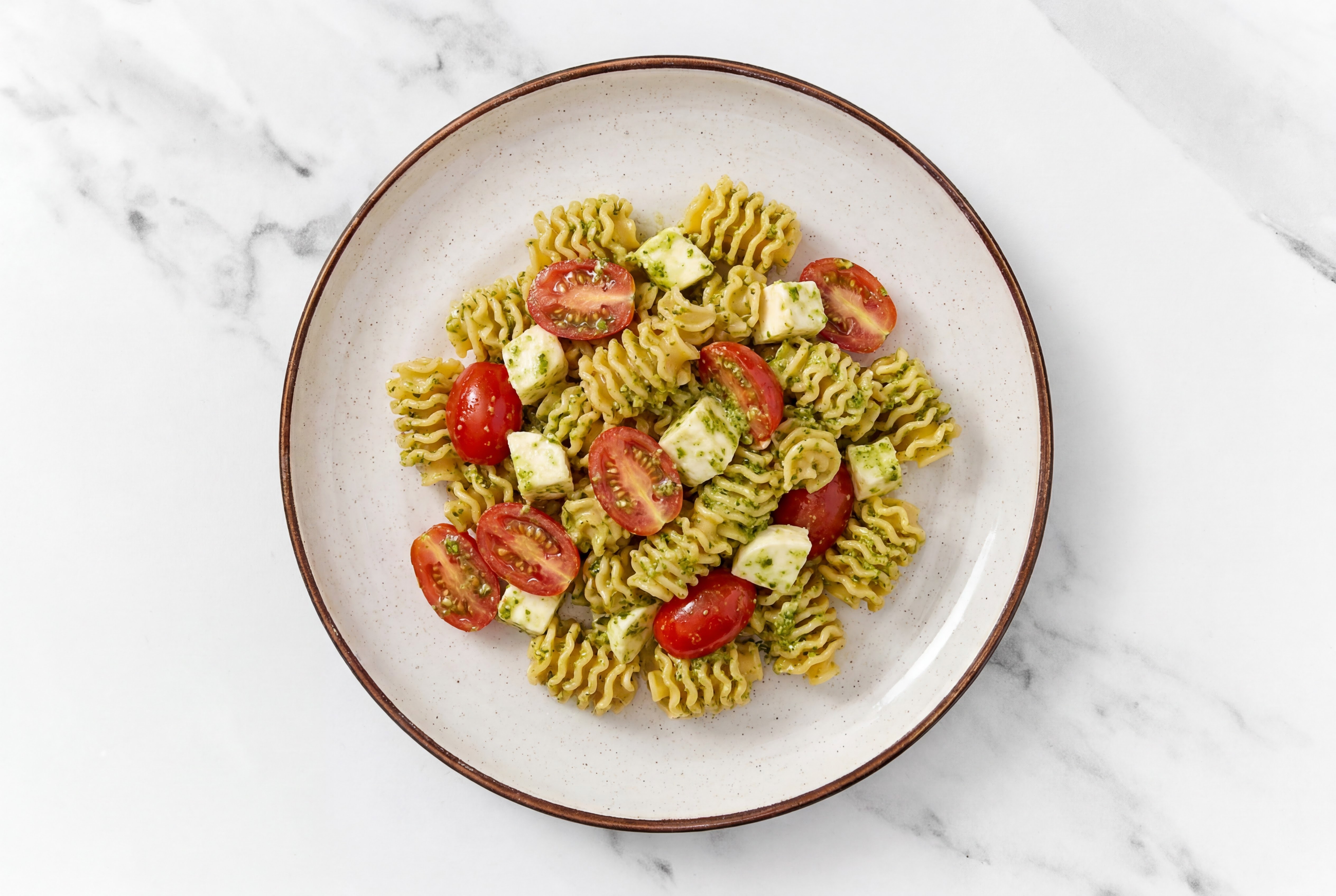 Summer Caprese Protein Pasta Salad with Mozzarella Ball