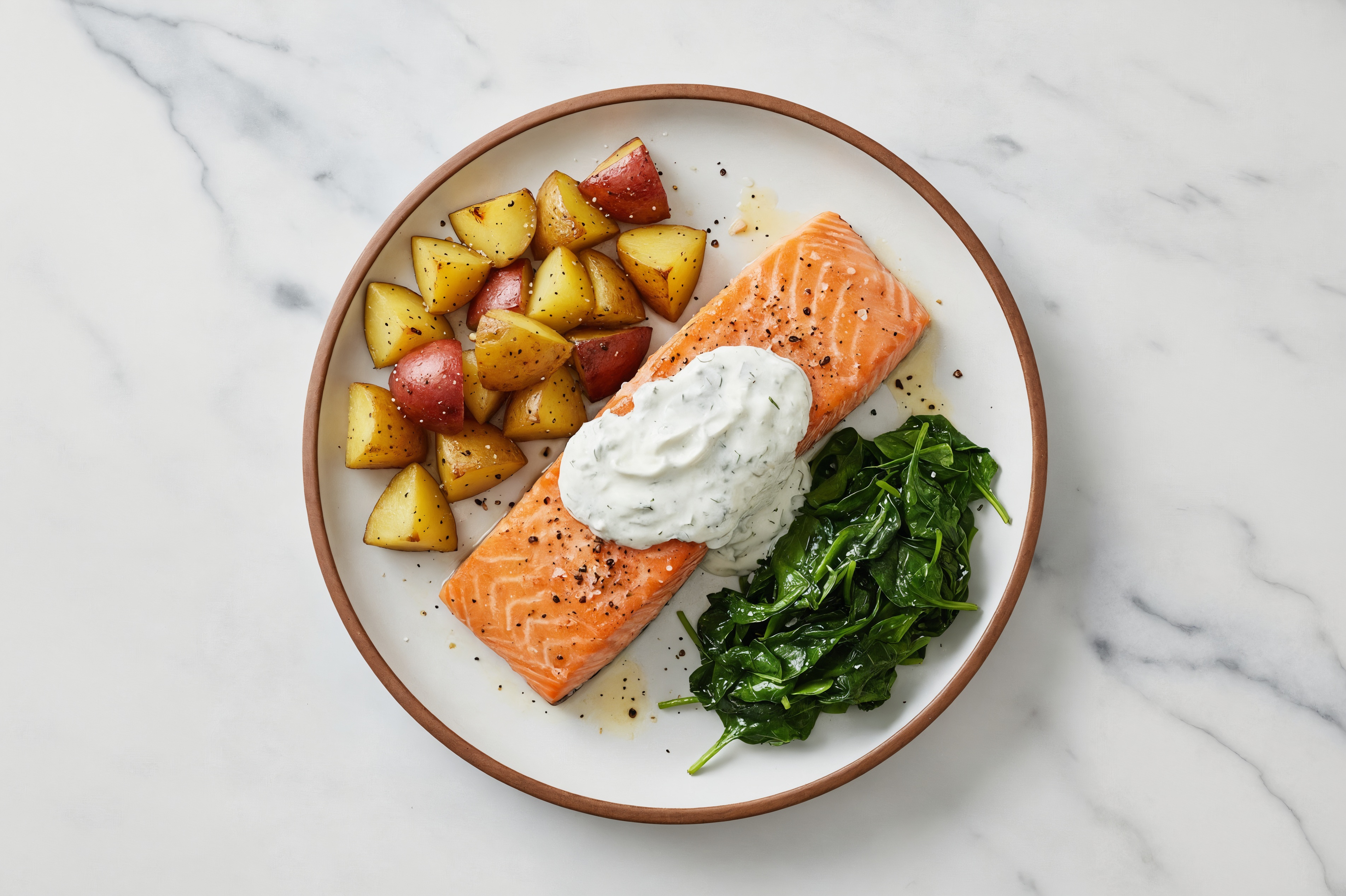 Tzatziki Honey Herb Wild Salmon + Potatoes with Baby Spinach