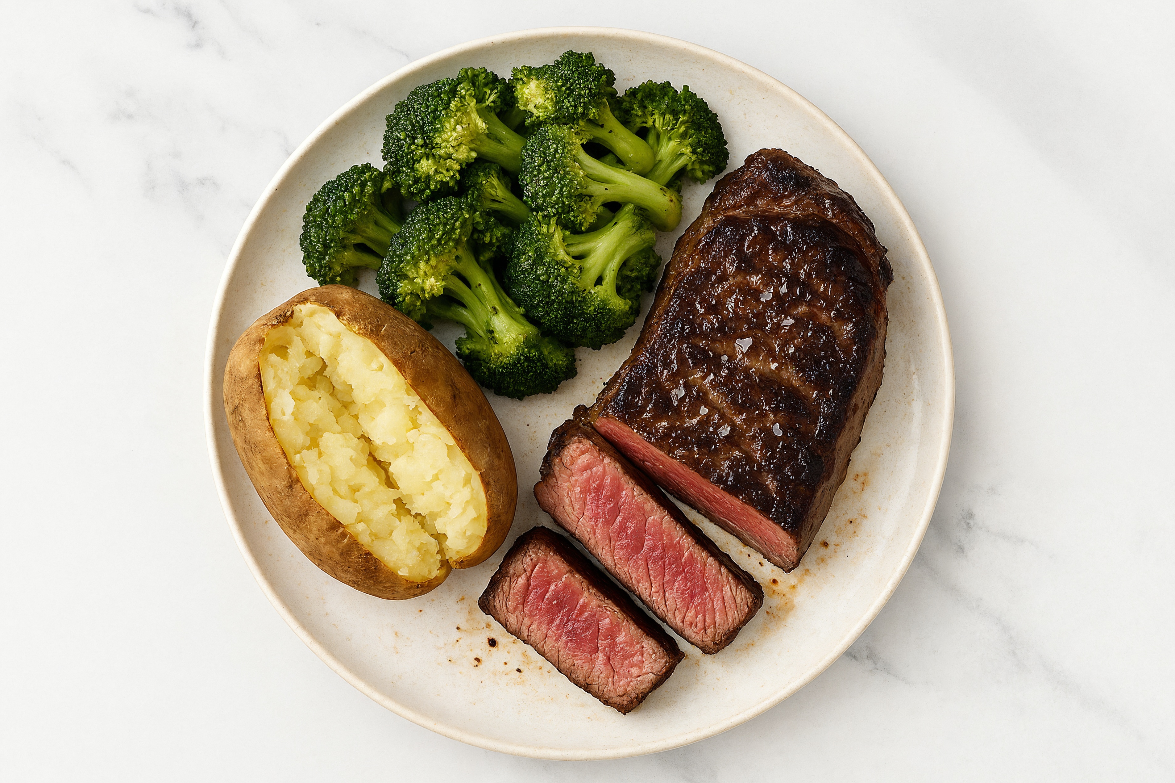 Wagyu Strip Steak with Organic Broccoli + Baked Potato