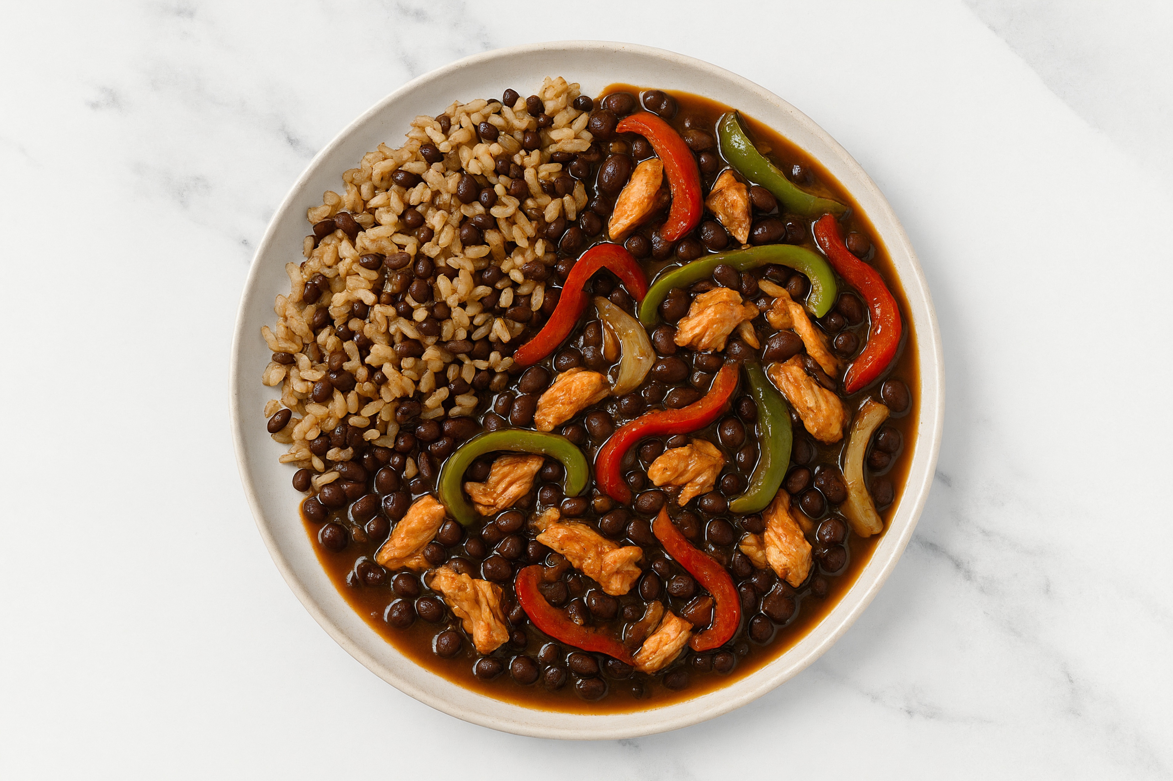 Salmon & Black Bean Stew with Veggies & Quinoa Rice with Bell Pepper Onion Saute