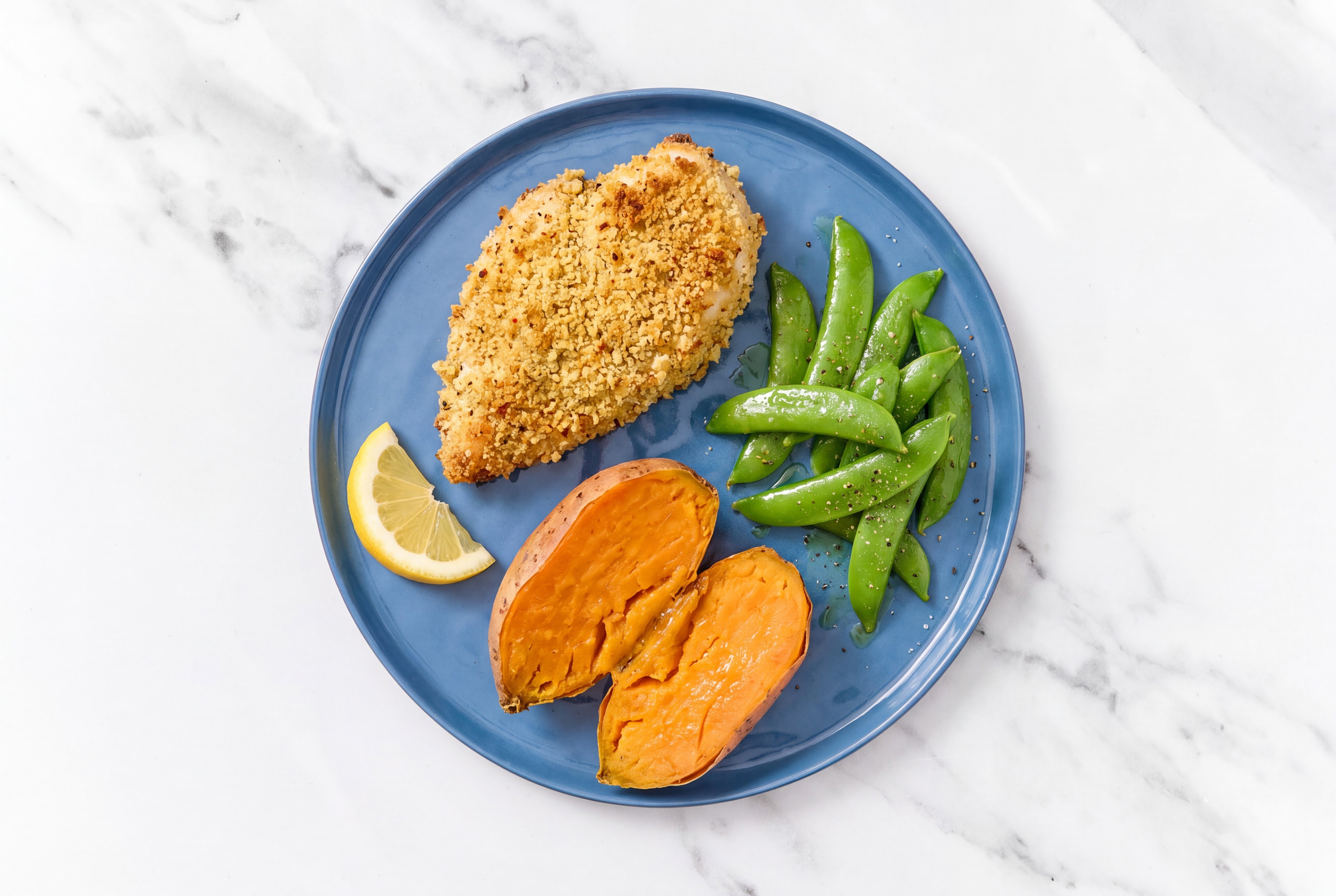 Lemon Parmesan Breaded Chicken Cutlet with Snap Peas & Sweet Potato