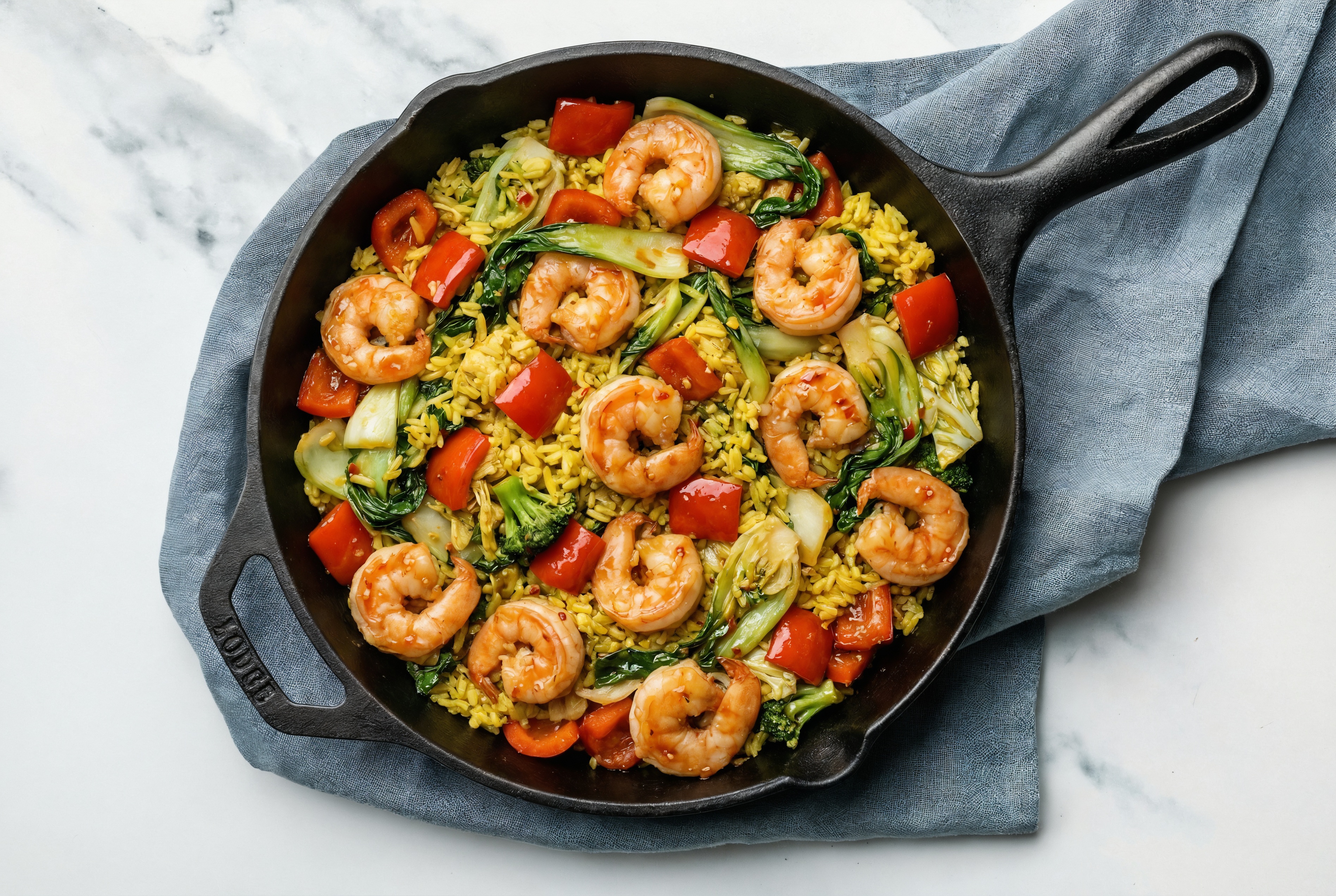Sweet Chili Lime Jumbo Shrimp with Bok Choy Mix + Bell Pepper over Chicken & Herb Rice