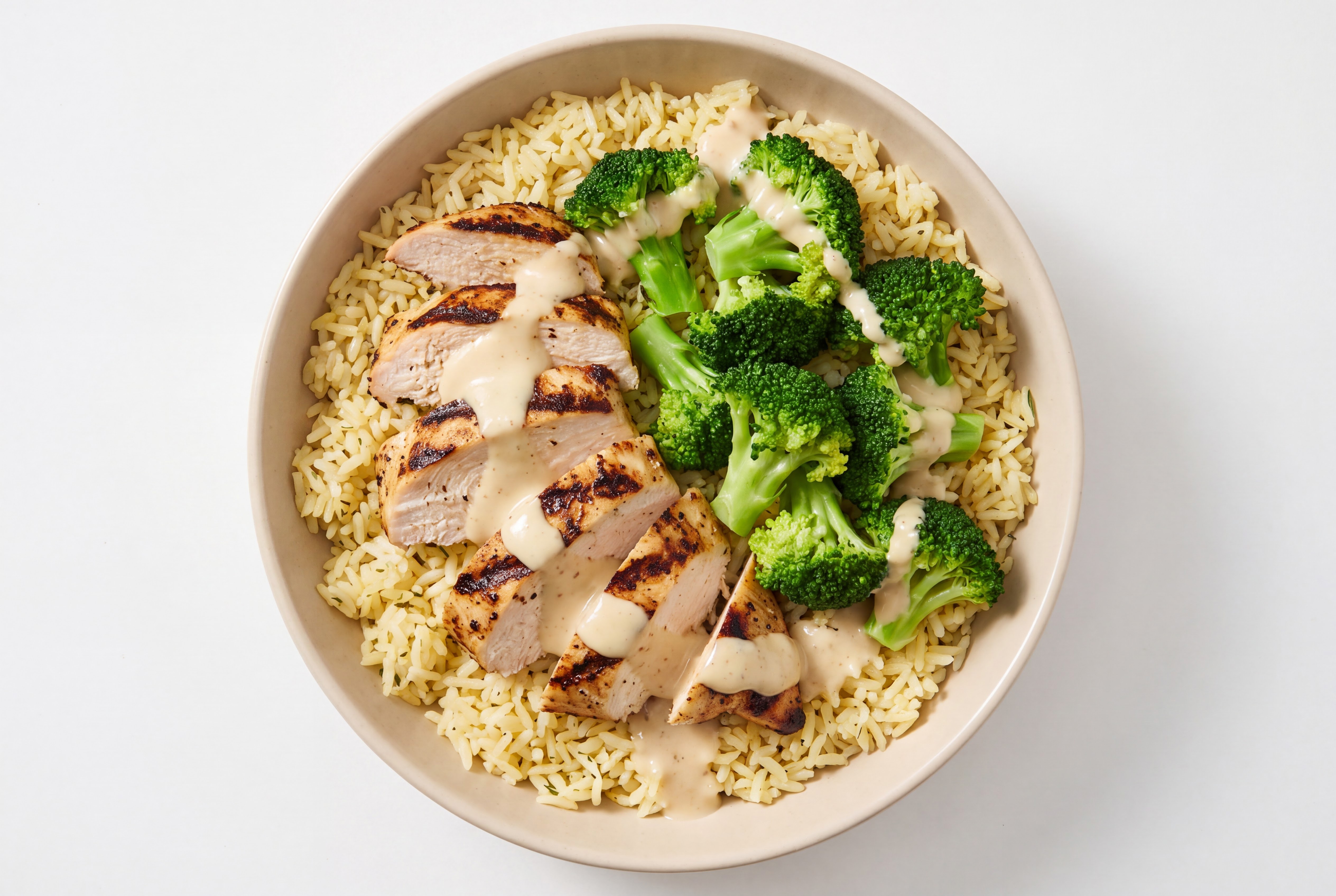 Creamy Miso Caesar Seasoned Grilled Chicken Breast + Broccoli Jasmine Rice Bowl