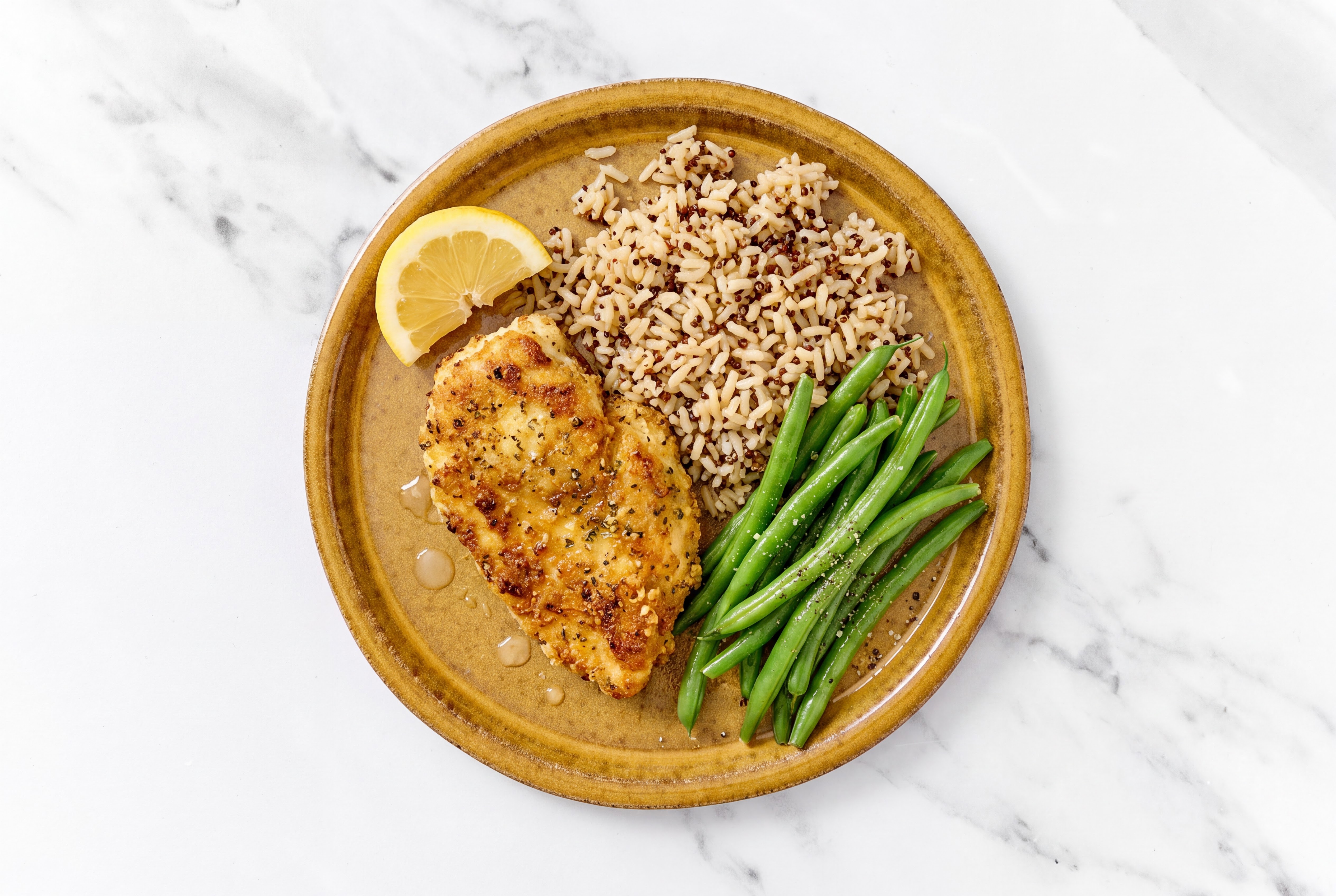 Lemon Parmesan Breaded Chicken Cutlet with Organic Green Beans & Brown Rice