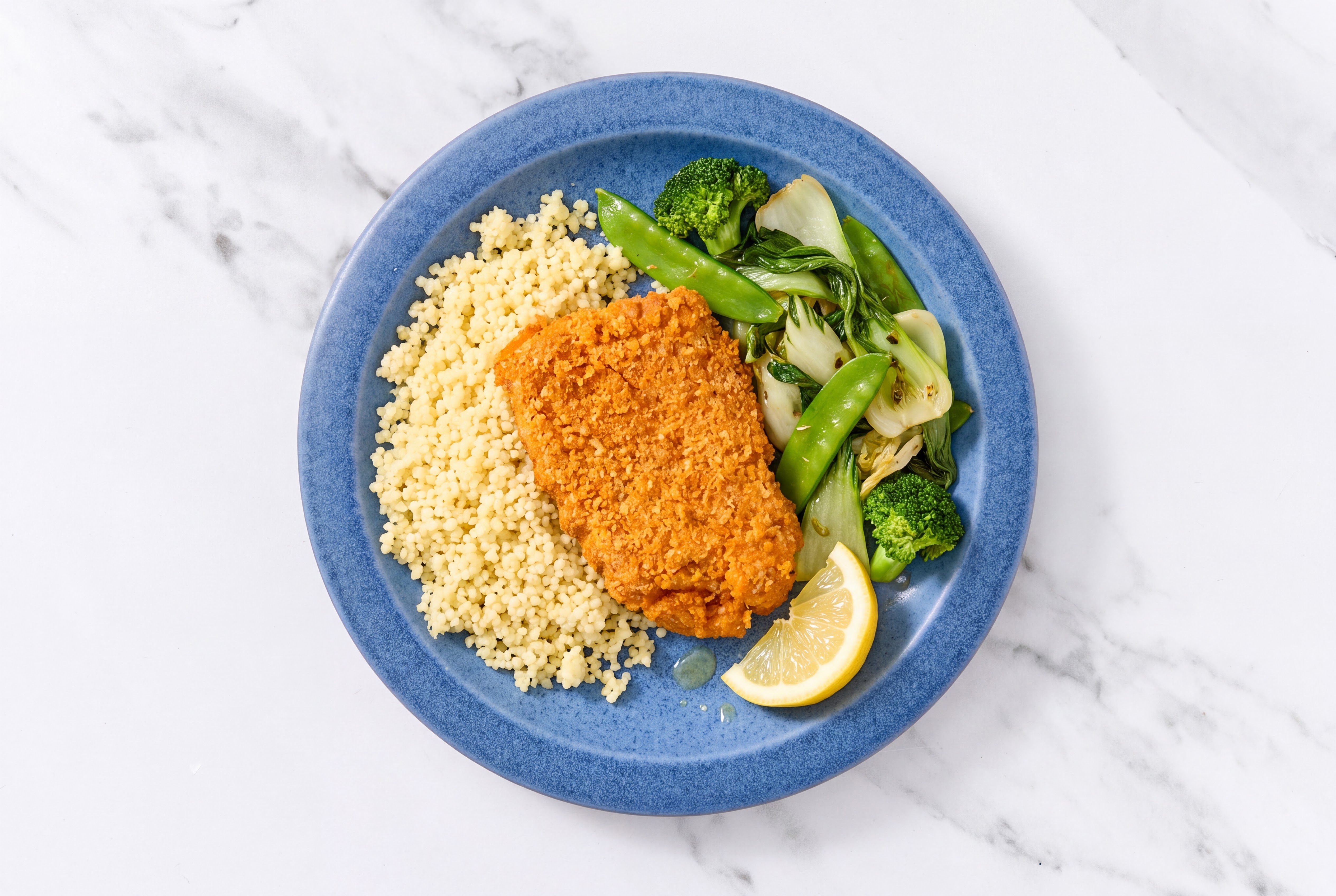 Lemon Hot Honey Breaded Chicken Cutlet with Bok Choy & Couscous