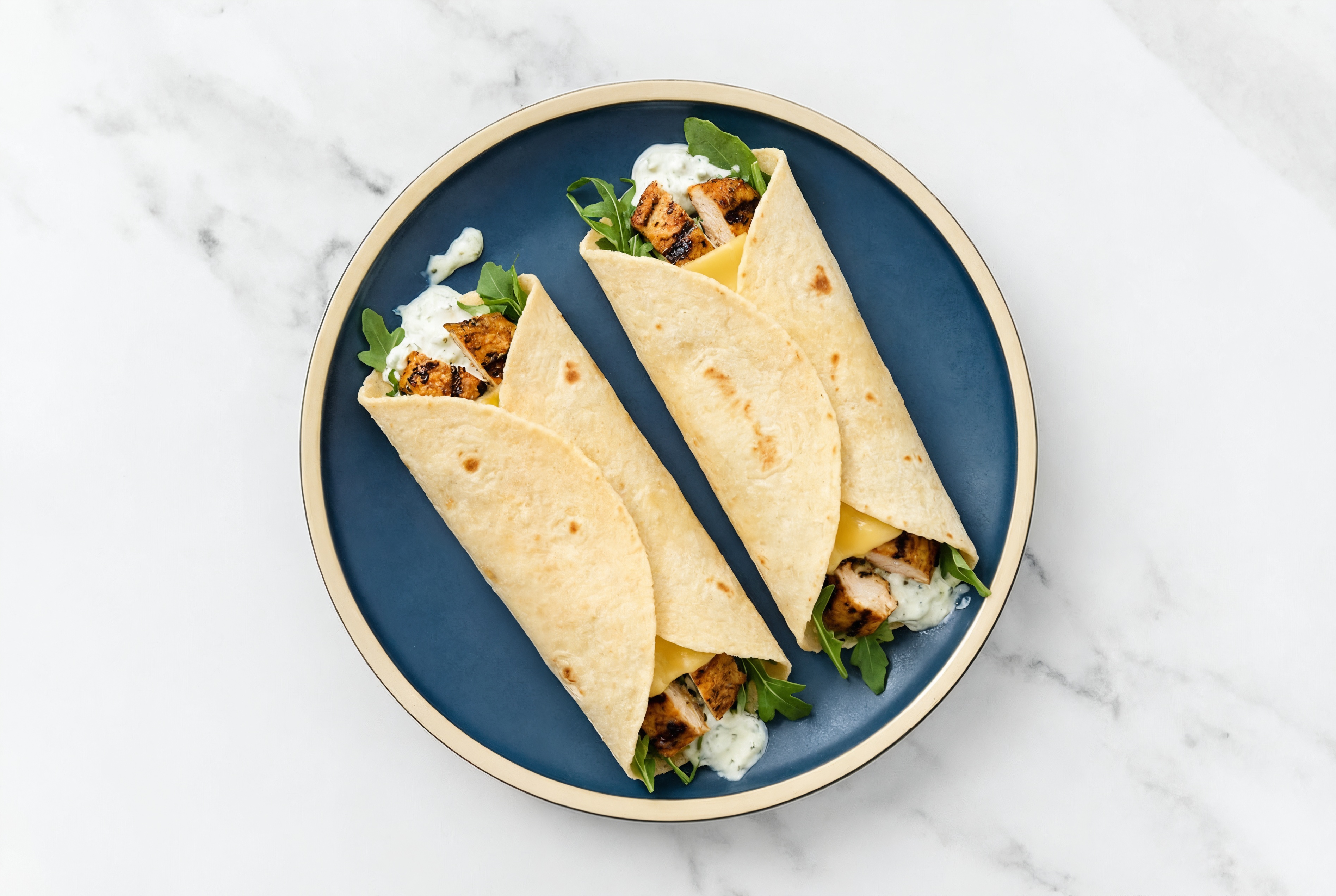 Creamy Blackened Chicken + Vegan Cheddar Tortilla Wraps with Arugula
