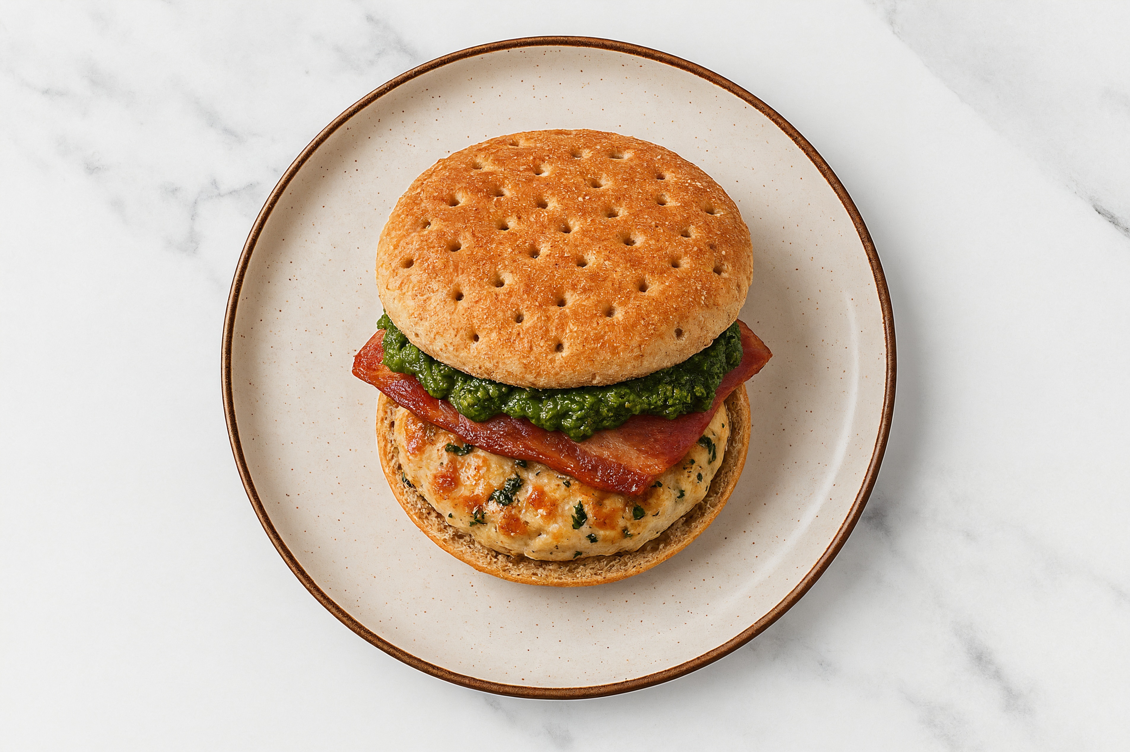 Garlic Chicken Burger on Multigrain with Spinach Pesto & Turkey Bacon