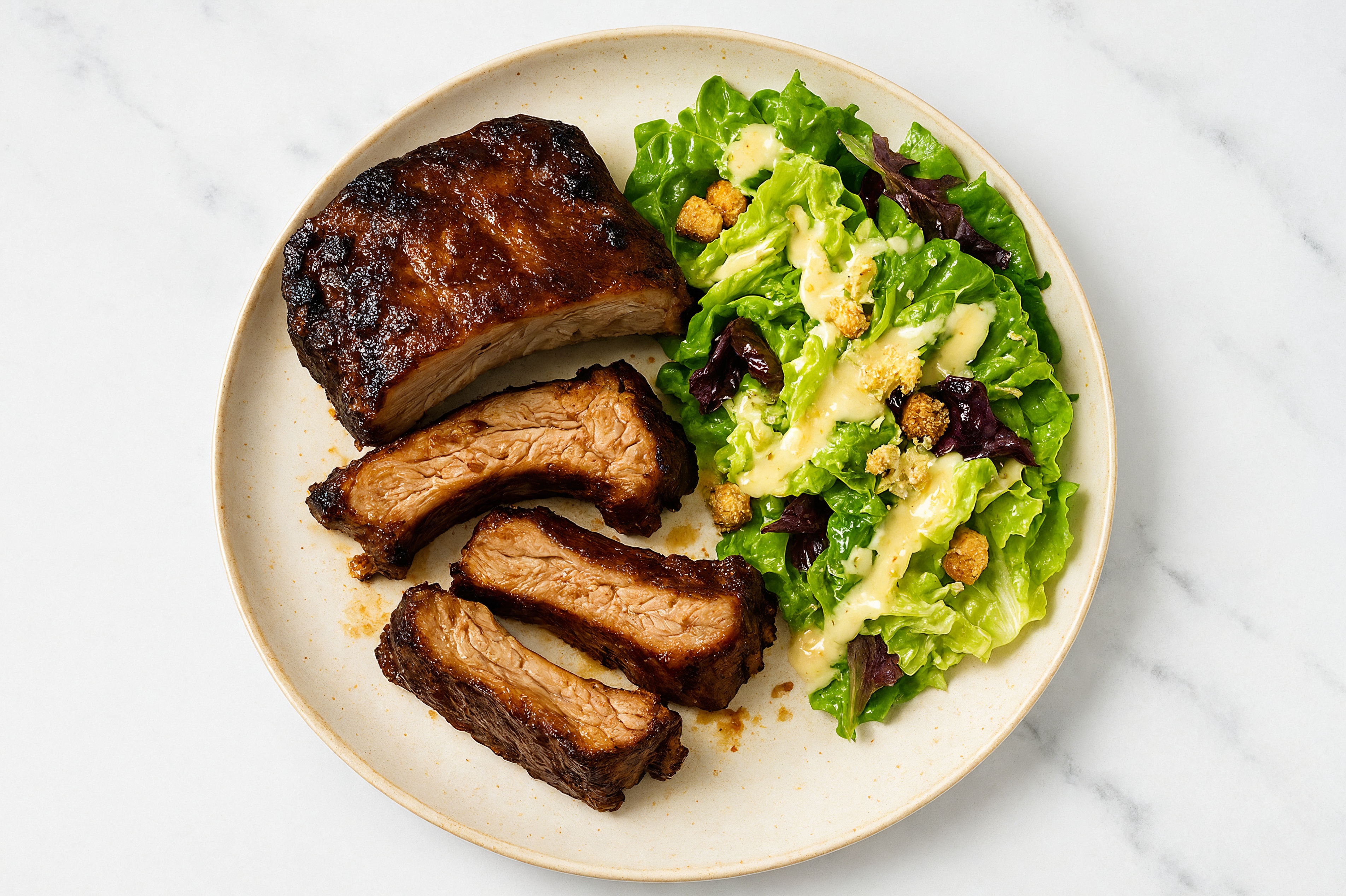 Tangy Balsamic Baby Back Ribs + Little Gem Salad