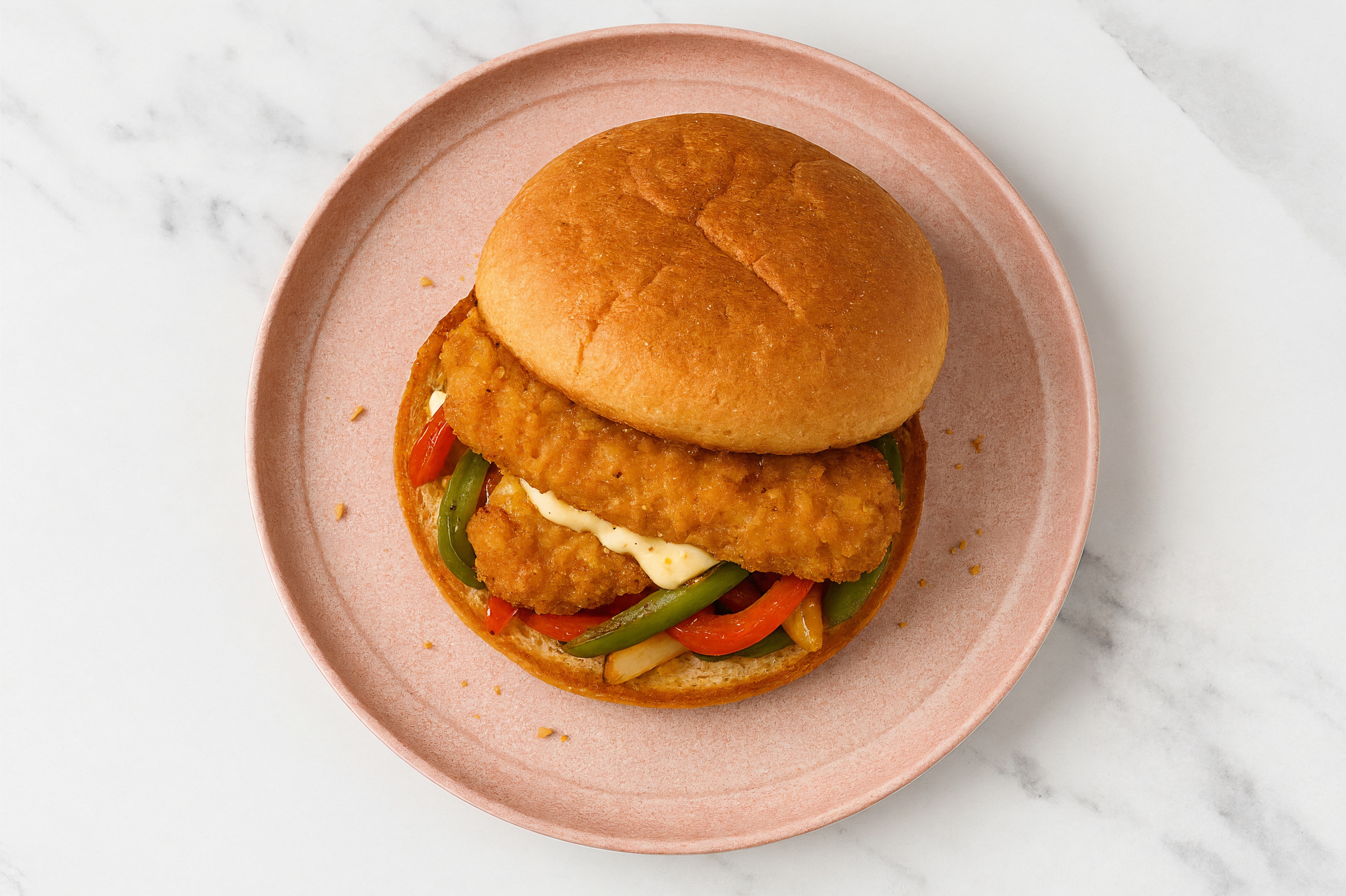 Creamy Horseradish "Chicken" Tenders Sandwich with Peppers + Onion on Gluten-Free Buns
