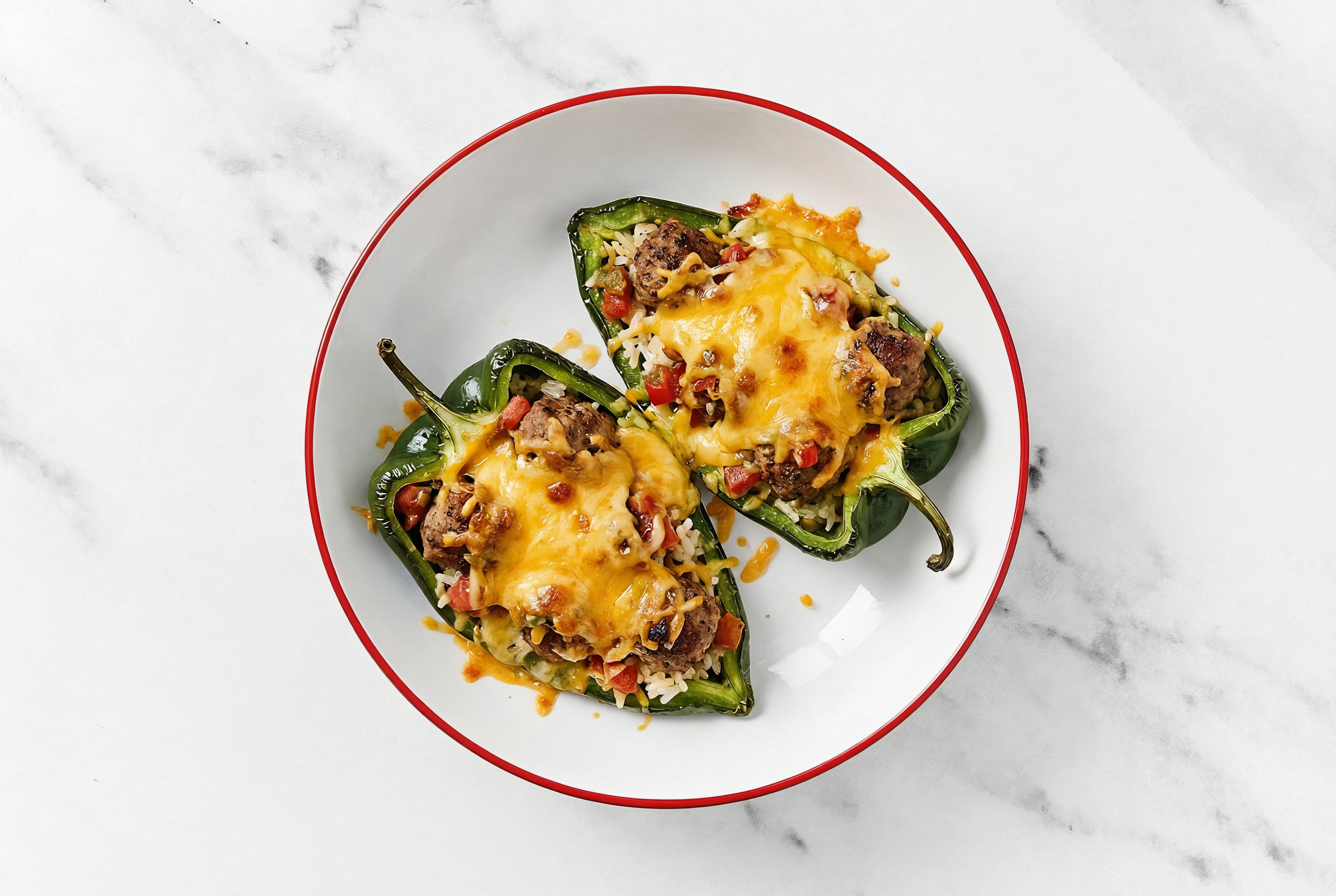 Cheesy Meatball Stuffed Poblano Peppers with Long Grain White Rice