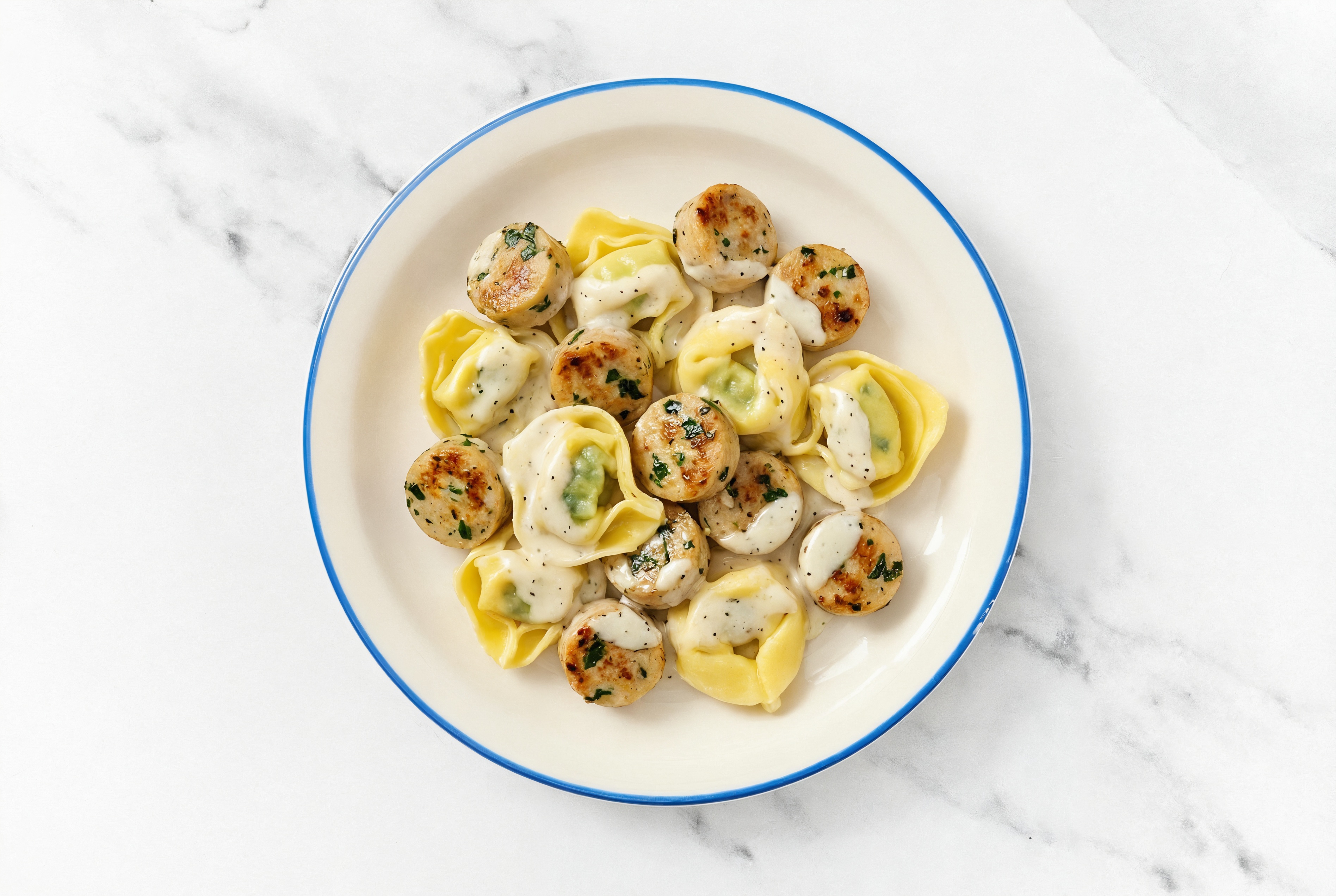 Alfredo Tortellini with Garlicky Chicken Sausage
